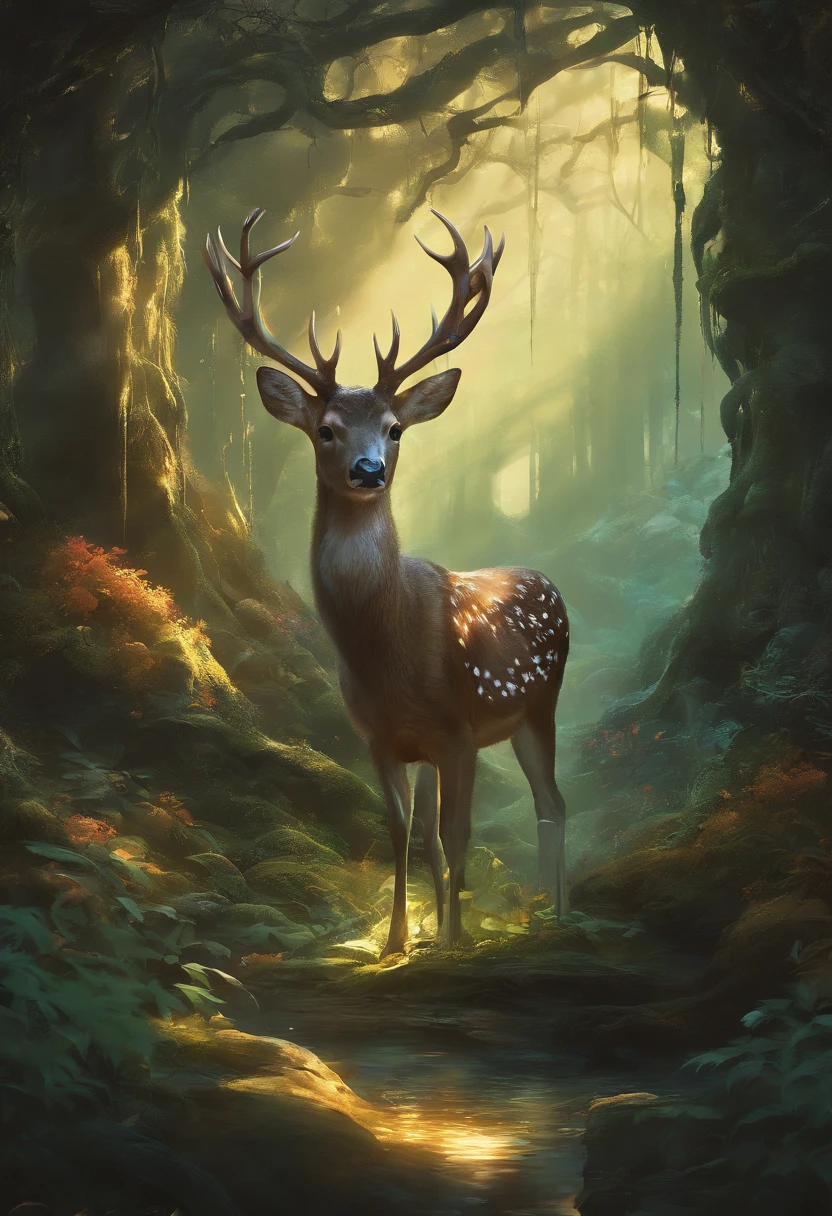 (Enchanted Library, in the middle of the forest,Large beautiful Library, with huge golden glowing doors, Magical creatures,(glowing mushrooms),sparkling waterfalls,fantasy,Leonora Carrington,a fantasy forest,Hazy perspective,sunlight filtering through the trees,(Glowing sika deer),Rich in color,assignment,light and shadow effect,k hd,tmasterpiece,Detailed details,depth of fields