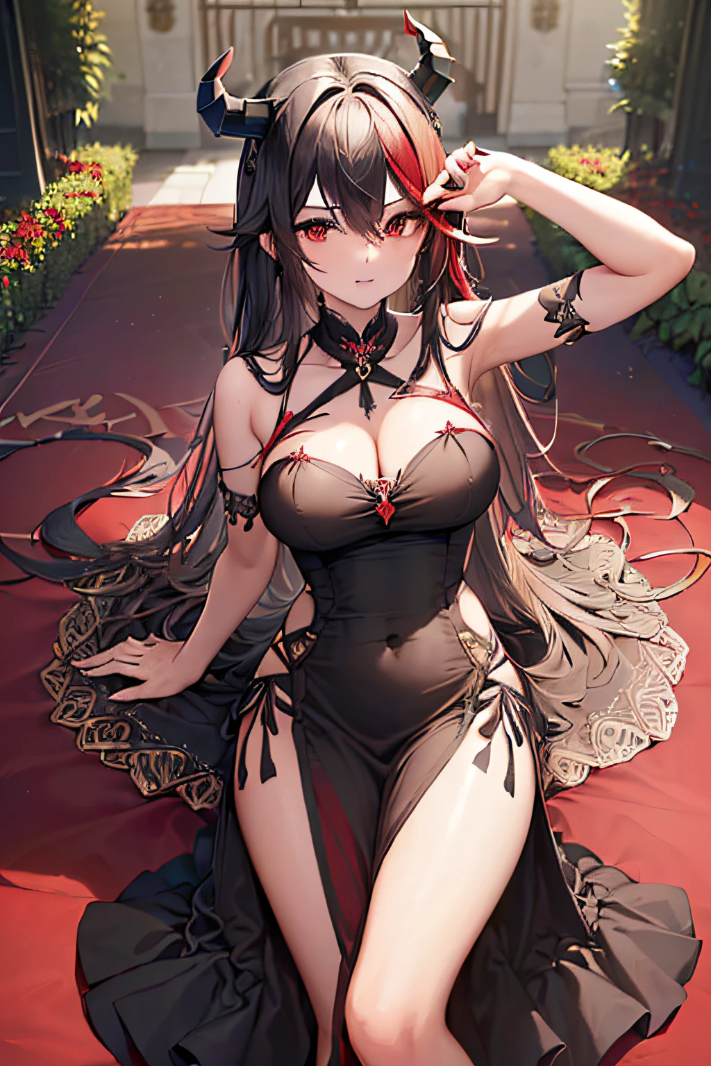 ((obra maestra)), ((Chica)),(Adulta), ((detallado), ((Demon)), Cuerno s,(((Cabello Escarlata))), ((Vestido Rojo con escote)), grandes curvas , Jardin lleno de flores, ((Tacones rosados)), ((Encaje negro)), Pose seductora