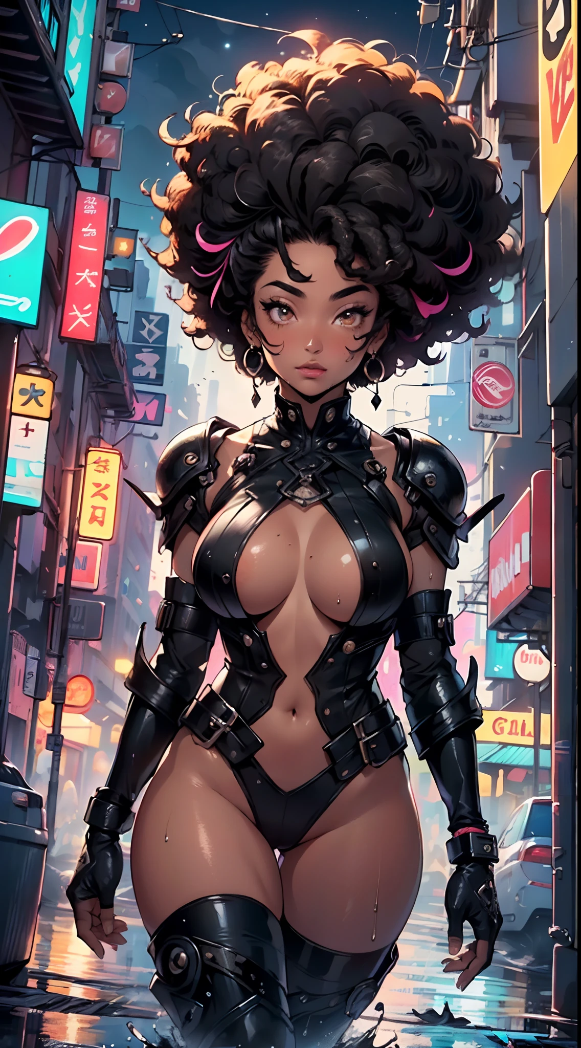 girl spacepunk,(((1girl))),((cute and beautiful afro haired girl)),((((black race)))),
(large breasts:1.4),saggy breasts,((((black afro hair:1.35,((afro hair:1.35)),afrohair,afro:1.35,dark hair,black hair,)))),medium hair,((heterochromia:1.5, (yellow_eye and red_eye))),intricate eyes,beautiful detailed eyes,symmetrical eyes,((perfect pupils)),((fat)),((((tan,dark skin,black skin:1.35,dark-skinned_female,dark skin:1.3,ebony skin,lustrous skin:1.5,bright skin: 1.5,shiny skin,very shiny skin,shiny body,illuminated skin,wet legs)))),(spider lower abdomen,narrow waist,wide hip,athletic body,inflated legs),((detailed face)),((perfect feminine face)),
cute,slutty,sensual,seductive look,seductive,erotic,enchanting,((nsfw)),
zettai ryouiki,revealing clothing,show skin,(wearing a mechanical space body armor:1.3,micro armor bikini,bare legs,an armored arm),(((wet clothes,intricate outfit,intricate clothes))),
(dynamic pose:1.0),solo focus,embarrassed,(centered,scale to fit dimensions,Rule of thirds),
cyberpunk city by the ocean at night, with bright neon signs and dark stormy clouds and puddles, scenery:1.25,nighttime, starry night, cosmos,Very dark night that makes the neon lights stand out, very bright neon lights,
artistic photography,(photography taken by sldr),highres, sharp focus,(ultra detailed, extremely detailed), (photorealistic artwork:1.37),(extremely detailed CG unity 8k wallpaper),((synthwave background theme)),(((vibrant colors))),intricate,(intricate background),(masterpiece),(best quality),perfect rendered face,perfect face details,realistic face,photo realistic,analog style,((intricate detail)),(((realism))),