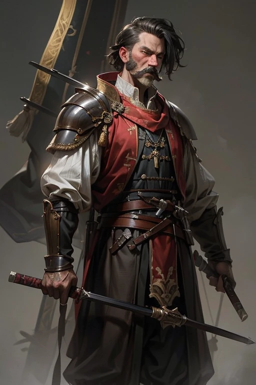(Best quality,4K,8K,A high resolution,Masterpiece:1.2) cossack, ukrainian, hetman period, black hair, shaved head with cossack bangs, black moustache, ukrainian cossack in hussar armor, high armor detail, best armor, majestic cossack, holding saber, loose clothing with embroidery, olyag with red elements, single figure , majestic composition, military honor, determination, symbol of bravery, will, symbol of freedom, free man with honor