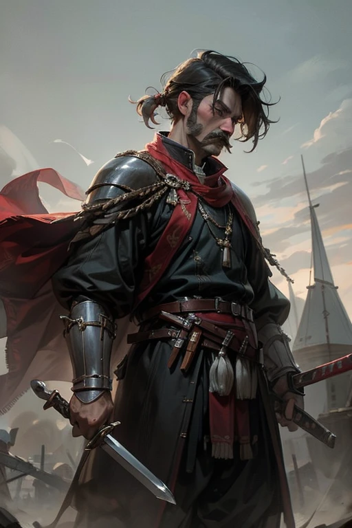 (Best quality,4K,8K,A high resolution,Masterpiece:1.2) cossack, ukrainian, hetman period, black hair, shaved head with cossack bangs, black moustache, ukrainian cossack in hussar armor, high armor detail, best armor, majestic cossack, holding saber, loose clothing with embroidery, olyag with red elements, single figure , majestic composition, military honor, determination, symbol of bravery, will, symbol of freedom, free man with honor