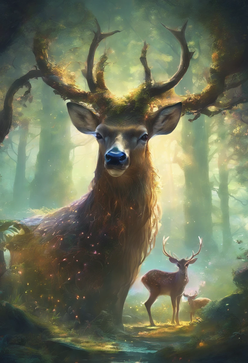 (Enchanted Cottage, in the middle of the forest,Large beautifulCottage, with huge golden glowing doors, Magical creatures,(glowing mushrooms),sparkling waterfalls,fantasy,Leonora Carrington,a fantasy forest,Hazy perspective,sunlight filtering through the trees,(Glowing sika deer),Rich in color,assignment,light and shadow effect,k hd,tmasterpiece,Detailed details,depth of fields