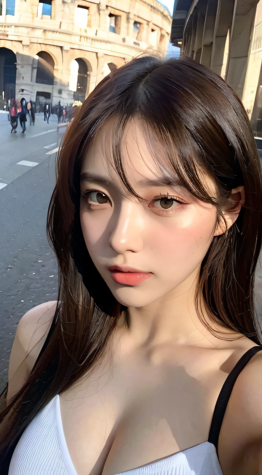 Girl near the Colosseum ((Best quality, 8K, masutepiece :1.3)), Clear focus: 1.2, Perfect body beauty: 1.4, Slim abs: 1.2, ((Dark brown hair, huge tit、Bigchest，disturb: 1.2)), (Natural light, the city street: 1.1), Highly Detailed Face and Skin Textur, Detailed eyes, Double eyelids,  (((Dynamic Angle)))