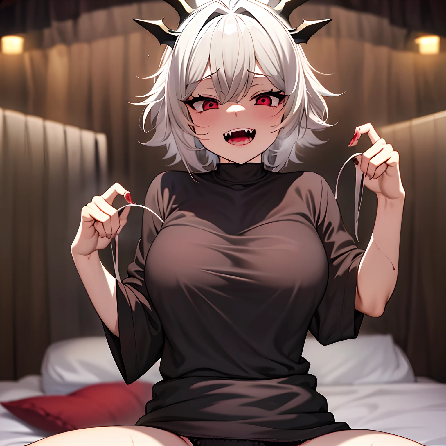 (best quality,4k,highres,masterpiece:1.2),ultra-detailed,realistic,anime,SFW,young woman,white hair,ragged hair,mentally unstable,dirty,unhygenic,unkempt,short hair,messy hair,crazed expression,insane, joyous expression sharp teeth,shark teeth,red eyes,crazy eyes,wearing a tight shirt,wearing panties,casual clothes,background with dark colors,shadowy lighting,dark lighting,humid atmosphere,sexual undertones,suggestive pose,blood-lust,blood in mouth,blood on face,bloody,murderer,unsettling vibe,littered with discarded objects,intirior,messy room.