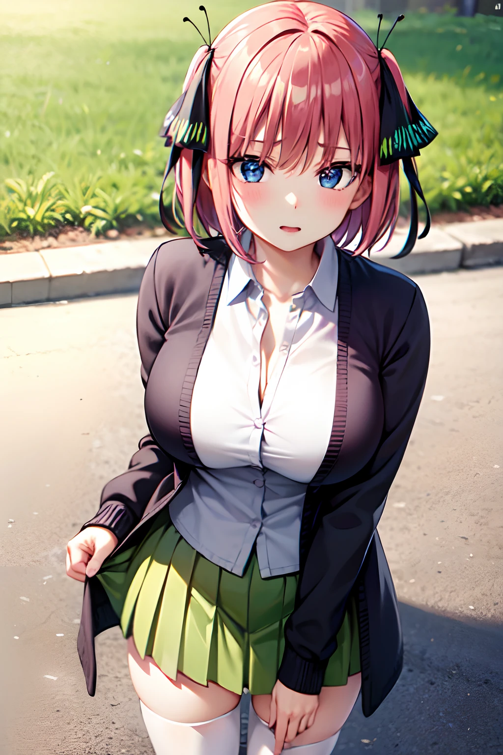 masutepiece, Best Quality, hight resolution, Nakano Nino, 1girl in, Solo, Pink hair, Short hair, busty, butterfly hair ornament, Large breasts, cleavage, Green skirt, Black cardigan,White shirt, Collared shirt, Open your clothes, black thighhighs, Short sleeves, Skirt lift, Looking at Viewer, blush, Foot braids, Standing, Background town,爆乳