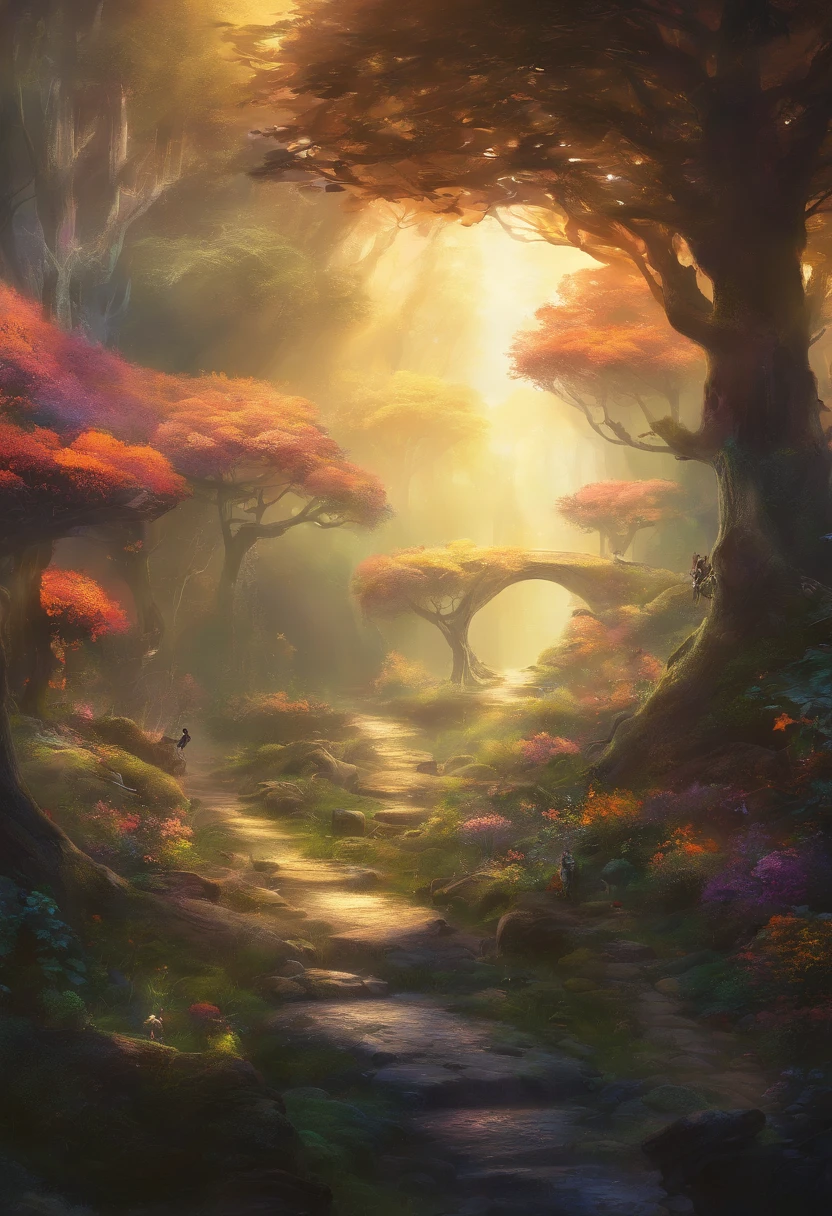 (Enchanted Cottage, in the middle of the forest,Large beautifulCottage, with huge golden glowing doors, Magical creatures,(glowing mushrooms),sparkling waterfalls,fantasy,Leonora Carrington,a fantasy forest,Hazy perspective,sunlight filtering through the trees,Rich in color,assignment,light and shadow effect,k hd,tmasterpiece,Detailed details,depth of fields