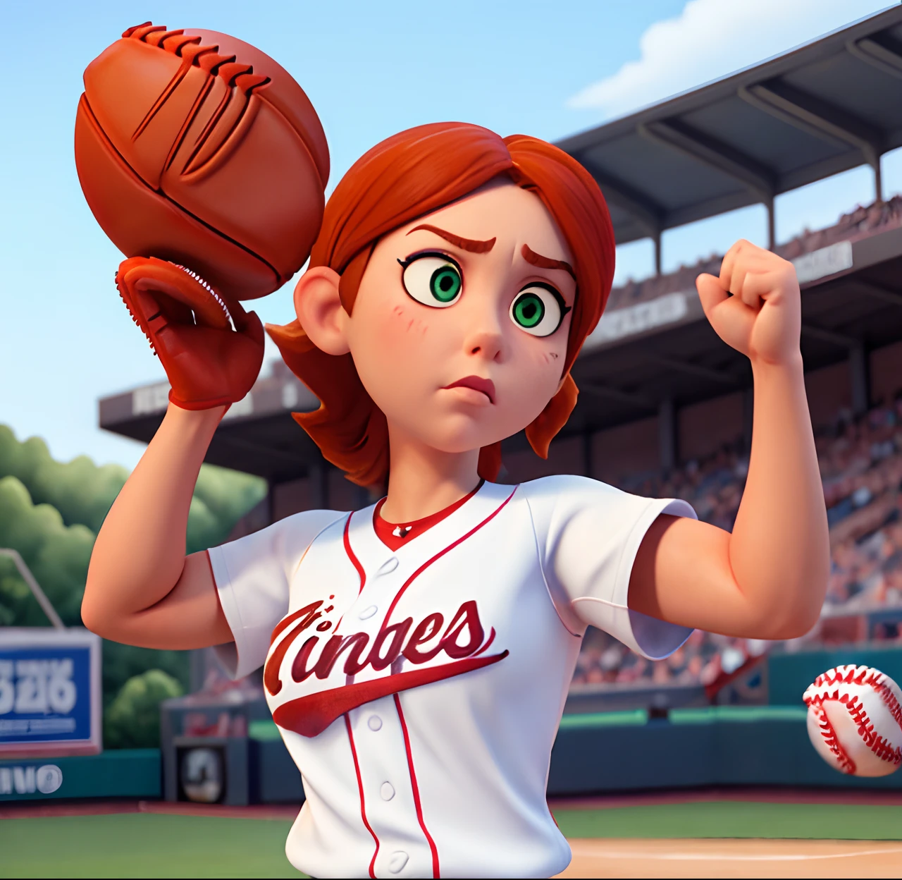 Masterpiece, (watercolor:1.3), (short stack:1.1), forward facing, eyes on camera, serious expression, (action shot:1.4) , (upper body strength:1.3), contrapposto (tattoo:1), softball pitcher, auburn hair, green eyes, (string bikini:1), pitching a softball at viewer, (focus on softball in foreground:1.4), sunny, natural lighting, High definition, excellent resolution, excellent quality, insane detail, semi realistic, postprocessed, crisp face, facial features, extremely detailed, facial features