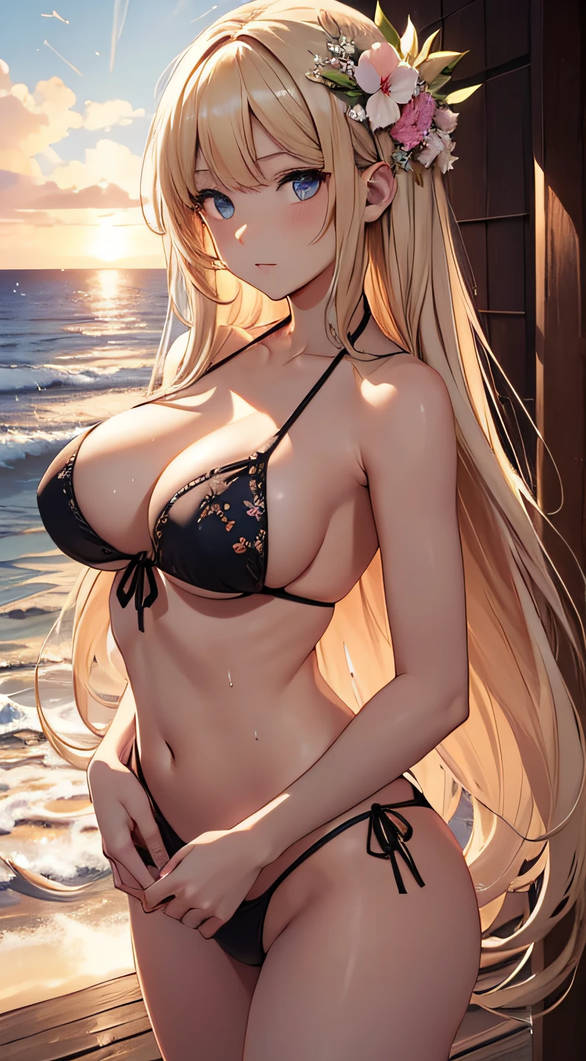 masterpiece、Massive landscape((the setting sun、Meteor swarm、Vast sandy beaches、Mysterious Sea))、About 20 years old、a blond、a beauty girl、huge tit、The bikini、Delicate embroidery、Tie your hair together and pin flowers、Farbe々Pose、Wet hair、Body is wet、perspiring、all-fours、Looking from below