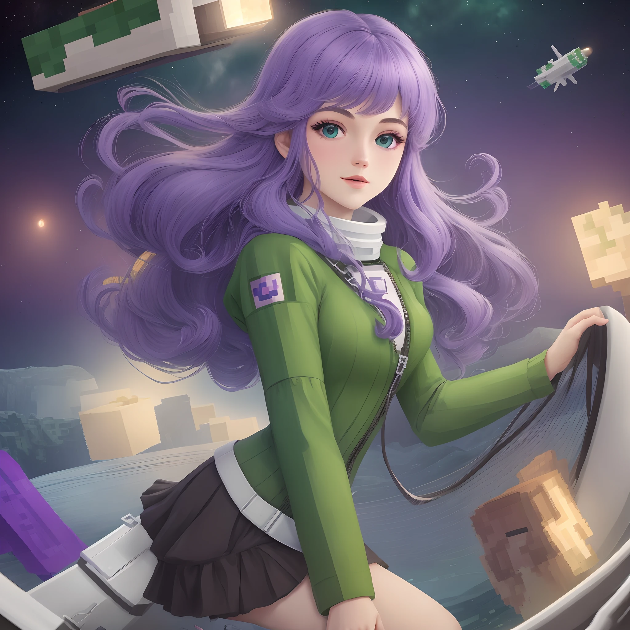 Personaje de minecraft de color de cabello violeta flotando en el espacio