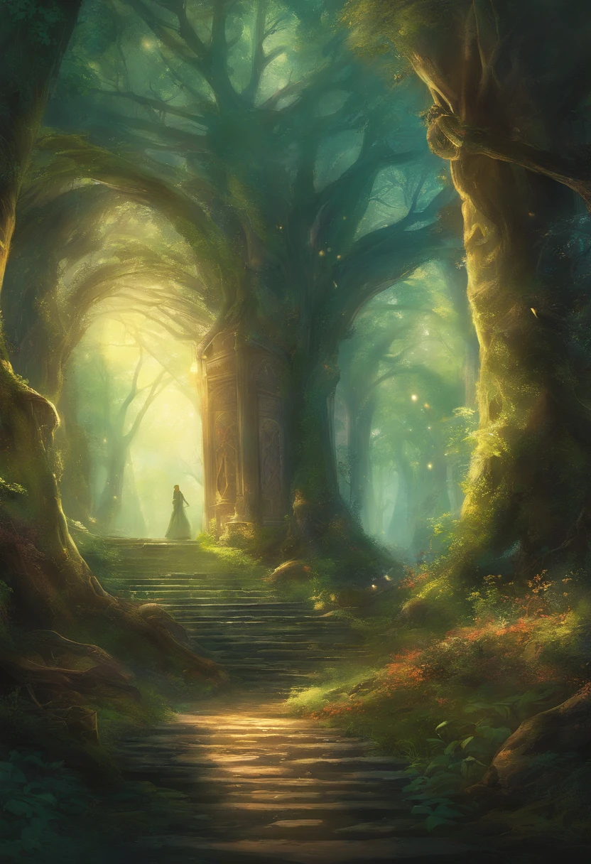 (Enchanted Magical Libray, in the middle of the forest,Large beautiful Library, with huge golden glowing doors, Magical creatures,(glowing mushrooms),sparkling waterfalls,fantasy,Leonora Carrington,a fantasy forest,Hazy perspective,sunlight filtering through the trees,Rich in color,assignment,light and shadow effect,k hd,tmasterpiece,Detailed details,depth of fields