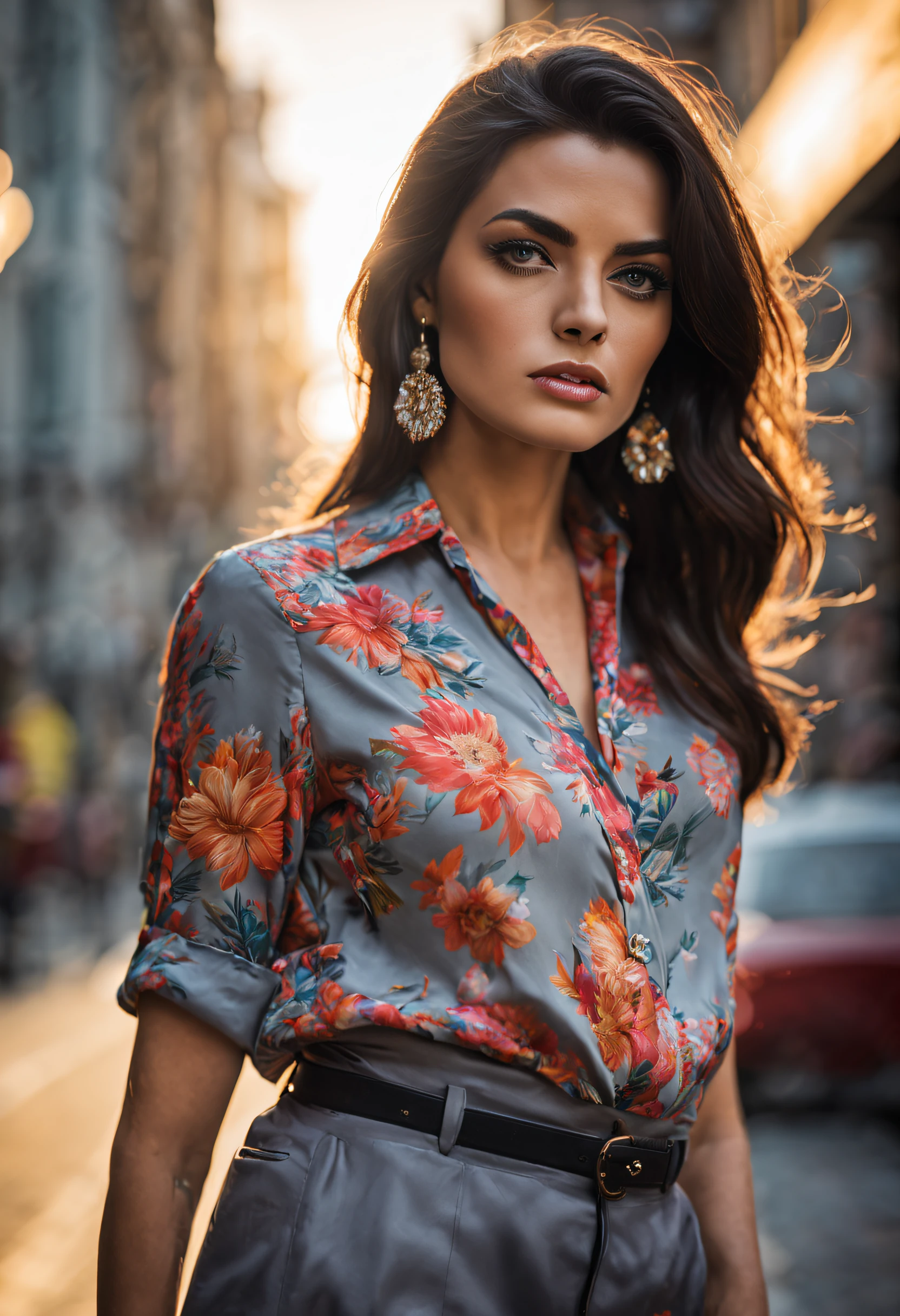 A photograph of a captivating woman with flowing dark hair, piercing gray eyes, wearing an open floral shirt, standing on a bustling city street. The vibrant colors of her shirt contrast with the urban backdrop, enhancing her allure. The sunlight filters through the buildings, casting a soft glow on her features, highlighting her elegance. Portrait Photography. Hasselblad, 1960s, Monochrome. Carl Zeiss Sonnar 150mm f/4, ambient light.