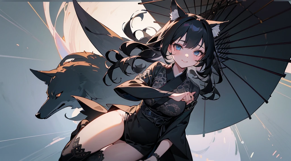 (extremely detailed CG unity 8k wallpaper), (((ultra-detailed))), ((extremely detailed)), (((best illustration))), best illumination, ((extremely delicate and beautiful)), ((an extremely delicate and beautiful girl)), sunset, Tokyo, modern city, ((1 girl, solo)), {{finely detailed beautiful eyes and detailed face}}, smug expression, smile, long hair, (((black hair))), blue eyes, beautiful detailed eyes, slender, medium breast, black white wolf ears, (black white wolf tail), (((intricate details))), (Black long kimono dress), short black boots, (((wolf mark on middle right thigh))), bishoujo, 16_years_old, Ridind a wolf demon