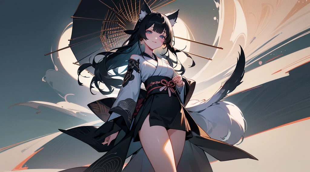 (extremely detailed CG unity 8k wallpaper), (((ultra-detailed))), ((extremely detailed)), (((best illustration))), best illumination, ((extremely delicate and beautiful)), ((an extremely delicate and beautiful girl)), sunset, Tokyo, modern city, ((1 girl, solo)), {{finely detailed beautiful eyes and detailed face}}, smug expression, smile, long hair, (((black hair))), blue eyes, beautiful detailed eyes, slender, medium breast, black white wolf ears, (black white wolf tail), (((intricate details))), (Black long kimono dress), short black boots, (((wolf mark on middle right thigh))), bishoujo, _yeld, Rid a wolf demon