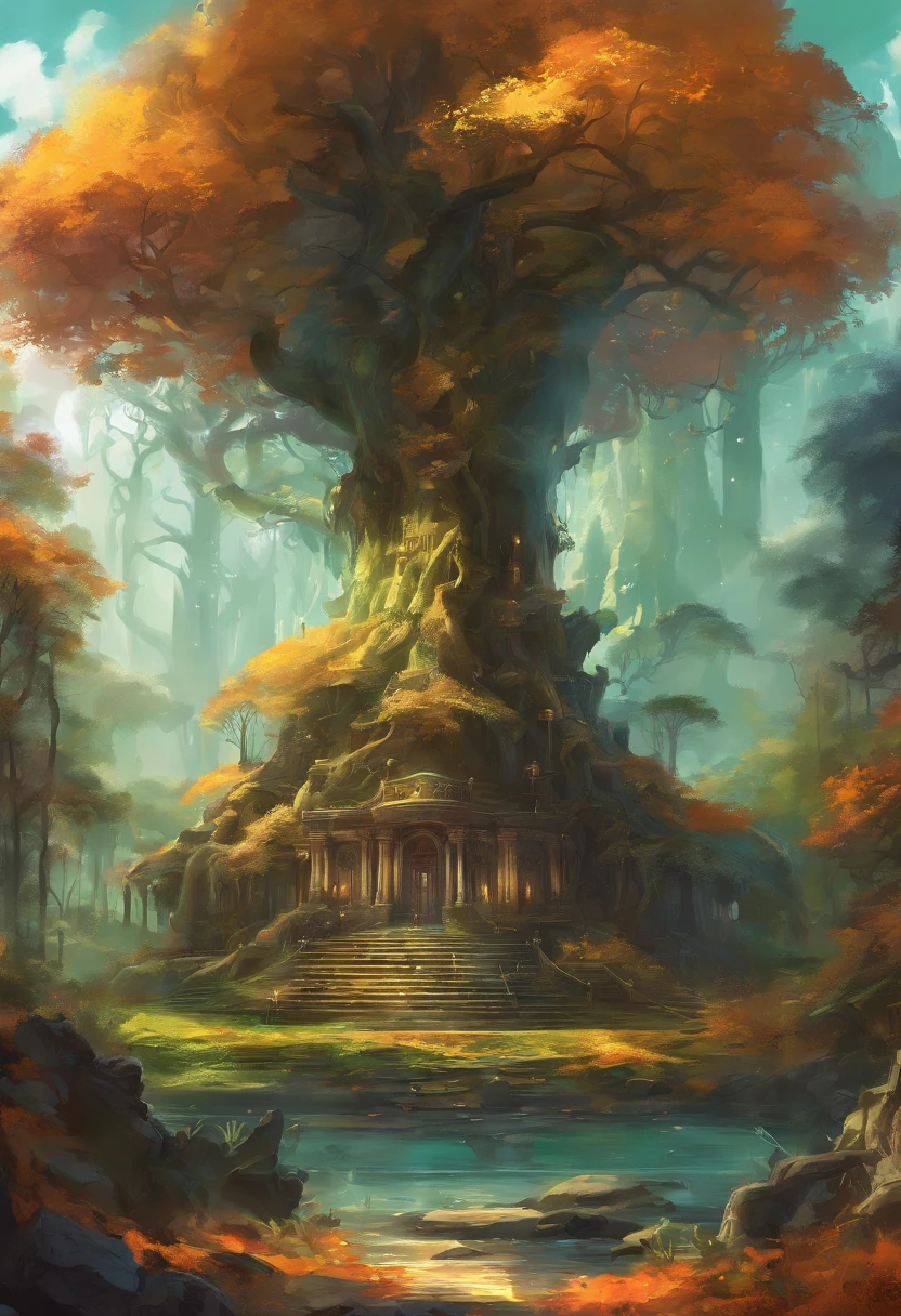 (Enchanted Magical Libray, in the middle of the forest,Large beautiful Library, with huge golden glowing doors, Magical creatures,(glowing mushrooms),sparkling waterfalls,fantasy,Leonora Carrington,a fantasy forest,Hazy perspective,sunlight filtering through the trees,Rich in color,assignment,light and shadow effect,k hd,tmasterpiece,Detailed details,depth of fields