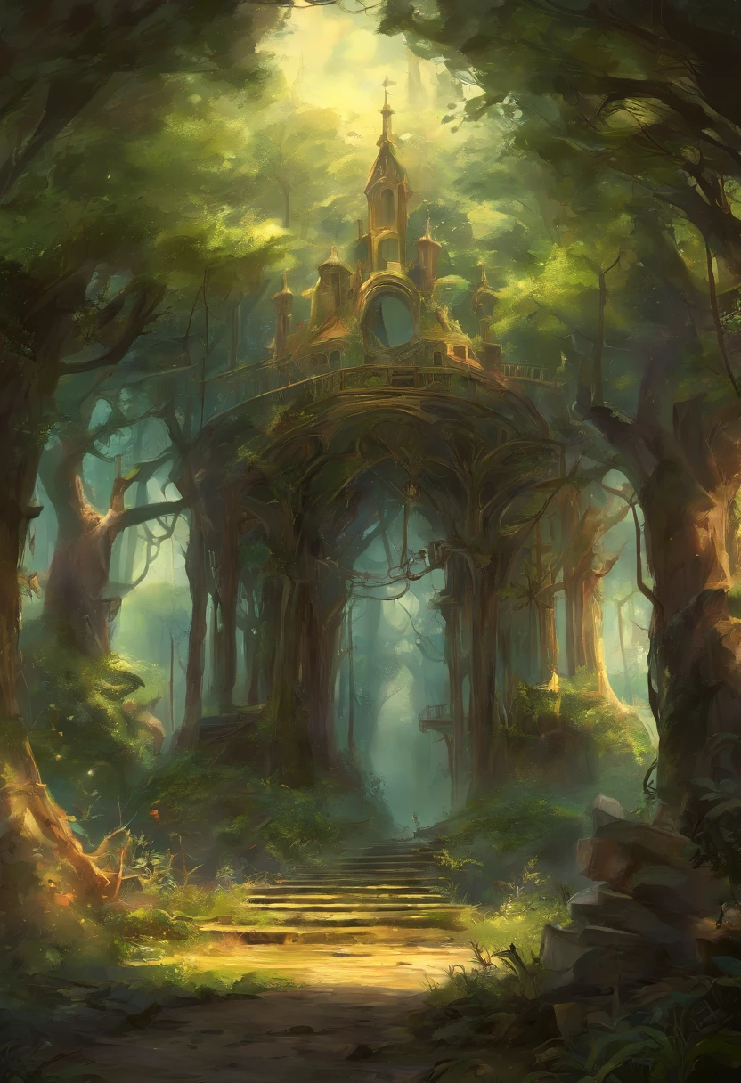 （Enchanted Magical Libray, in the middle of the forest，Large beautiful Library, with huge golden glowing doors, Magical creatures，（glowing mushrooms），sparkling waterfalls，fantasy，Leonora Carrington，a fantasy forest，Hazy perspective，sunlight filtering through the trees，Rich in color，assignment，light and shadow effect，k hd，tmasterpiece，Detailed details，depth of fields