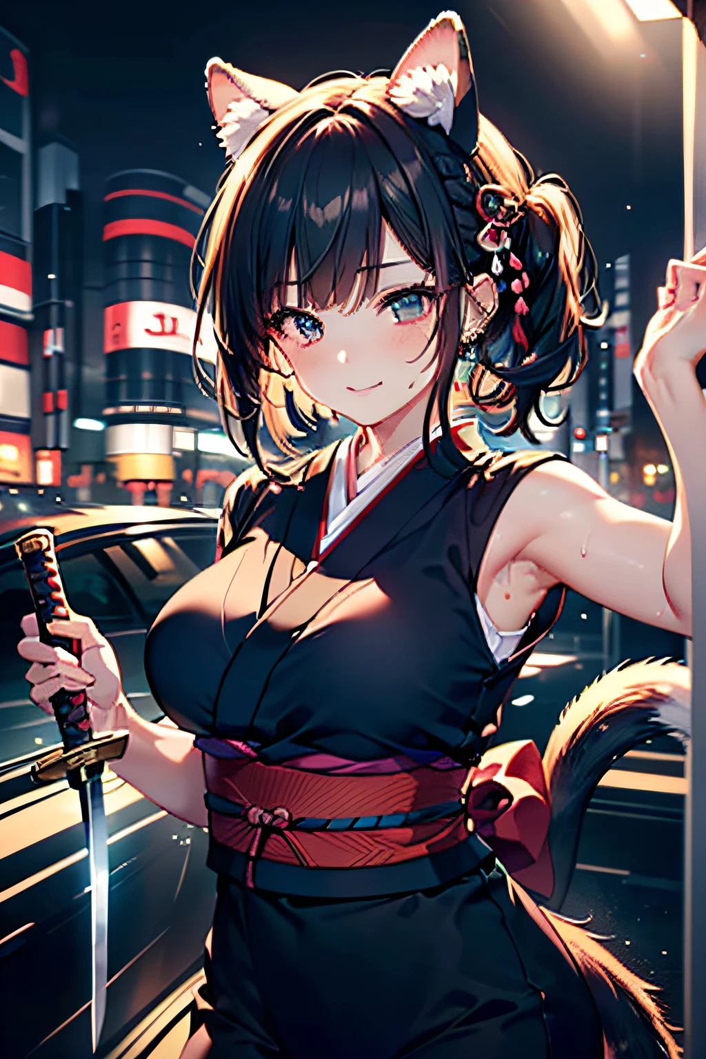 (((Animal ears,Animal tail,:1.7))),(((Female Ninja Cosplay:1,7))),(((Kunoichi armed with a Japan sword:1.7))),(((Enhance driving motion with motion blur effect:1.7))),(beautiful a girl),(((Night lighting:1.3))),breast slip,Blushing cheeks、shyly smile,bbw,(Short hair in shiny silver and orange inner colors,Floral hair ornament,Floral braided top knot,Twisted Side Part Ponytail,Floral braided headband,half up、Floral Braided Space Van,Voluminous Fishtail Braids,Twisted chignon,),(Bangs are see-through bangs),(((emphasizing breasts:1.3))),(Dynamic angles),(Dynamic and sexy poses),(bending forward:1.3),(((Dignified statue))),(((hair pin,a necklace,piercings))),Colossal tits,Blush with embarrassment,Enraptured eyes,A smile that beguiles the viewer,skin glistening with sweat,gazing at viewer,Disturbance of clothing due to movement,pointed red mouth,Perfect round face,,Proper body proportion,Intricate details,Very delicate and beautiful hair,photos realistic,Dreamy,Professional Movie Lighting,realistic shadow,Solo Focus,Beautiful hands,Beautiful fingers,Detailed finger features,detailed clothes features,Detailed hair features,detailed facial features,(masutepiece,top-quality,Ultra-high resolution output image,) ,(The 8k quality,),(Sea Art 2 Mode.1),(Image Mode Ultra HD,)