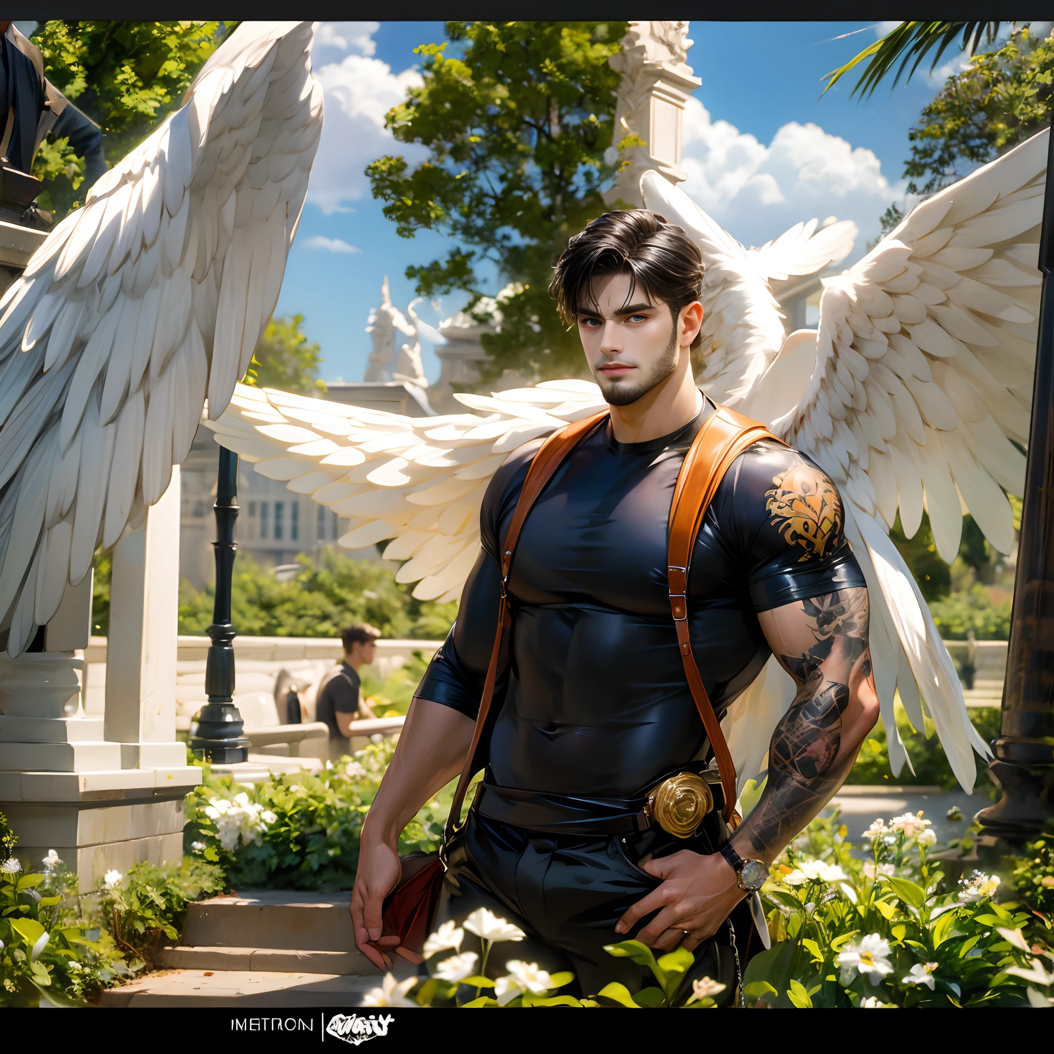 1 character lonely, young handsome, LatinLover OC, mulatto skin, attractive feature, skin tone tan, dark blue eyes, Trust expression, big white wing coming with the backpack, 1 wings of angel, physical fitness, man long haircut medium, black brown hairstyle, small beard, casual clothing, white outfit, anatomically correct, full body tattoo, environment: Magic fantasy green forest