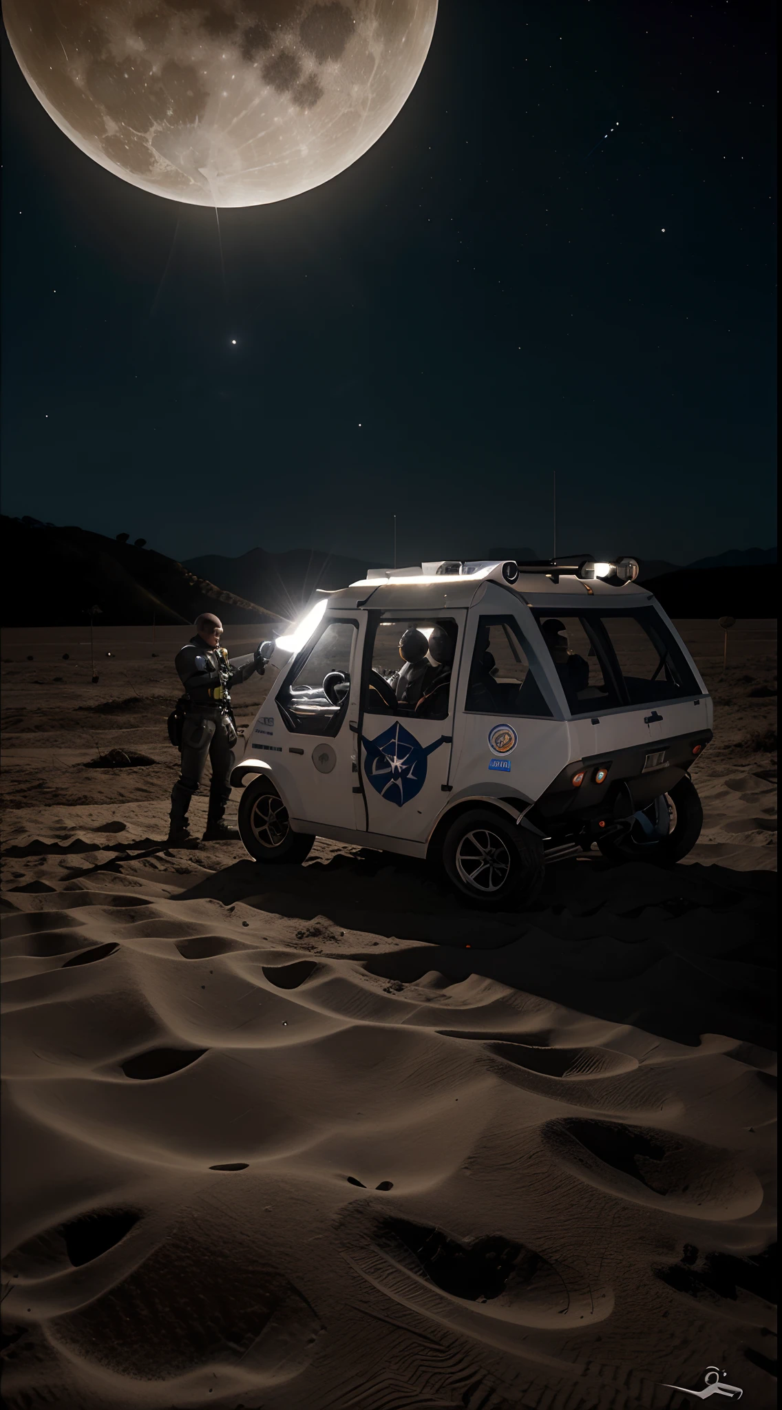 Imagine que a Lua fosse povoada, e o primeiro pouso fora do solo lunar tenha ocorrido na Terra. Ground Module, bandeira, astronautas. Fotografia.