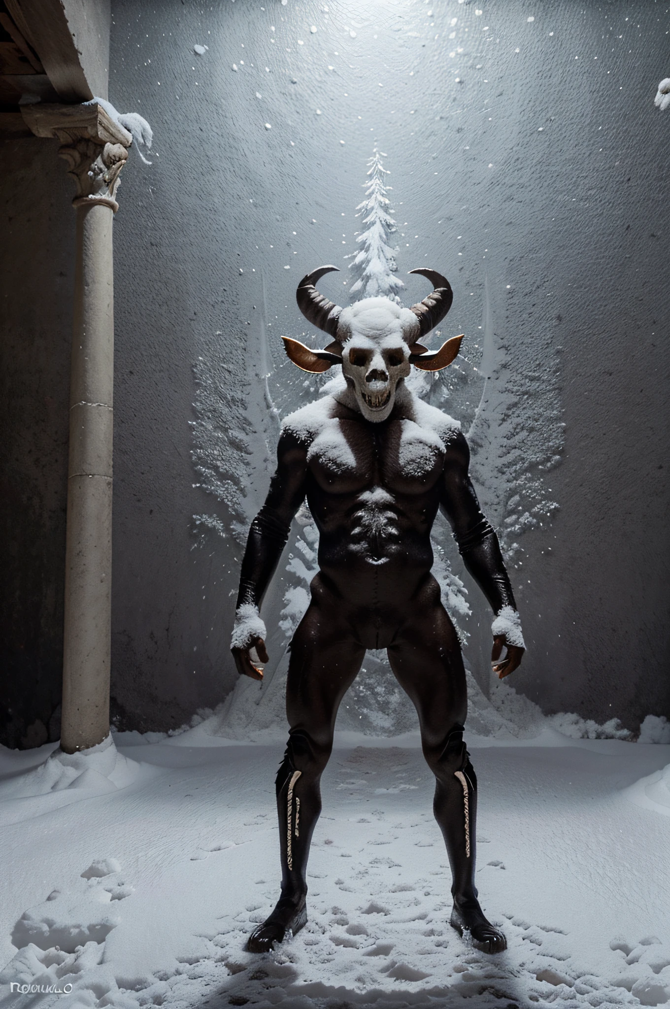 A goat-headed demon ((Goat skull on head))com chifres grandes, corpo superior ((alto,grande, muito alto ))forte e forte,((Wendigo)) demon skins, peles, ((garras)),sem pelagem, demon armor, respingos de sangue, standing in a blood ritual, medieval, neve nevasca, floresta,((floresta)) escuro,(((a small layer of snow))), luz fraca,Nightlife Darkness, obra-prima, realista, oil-painting
