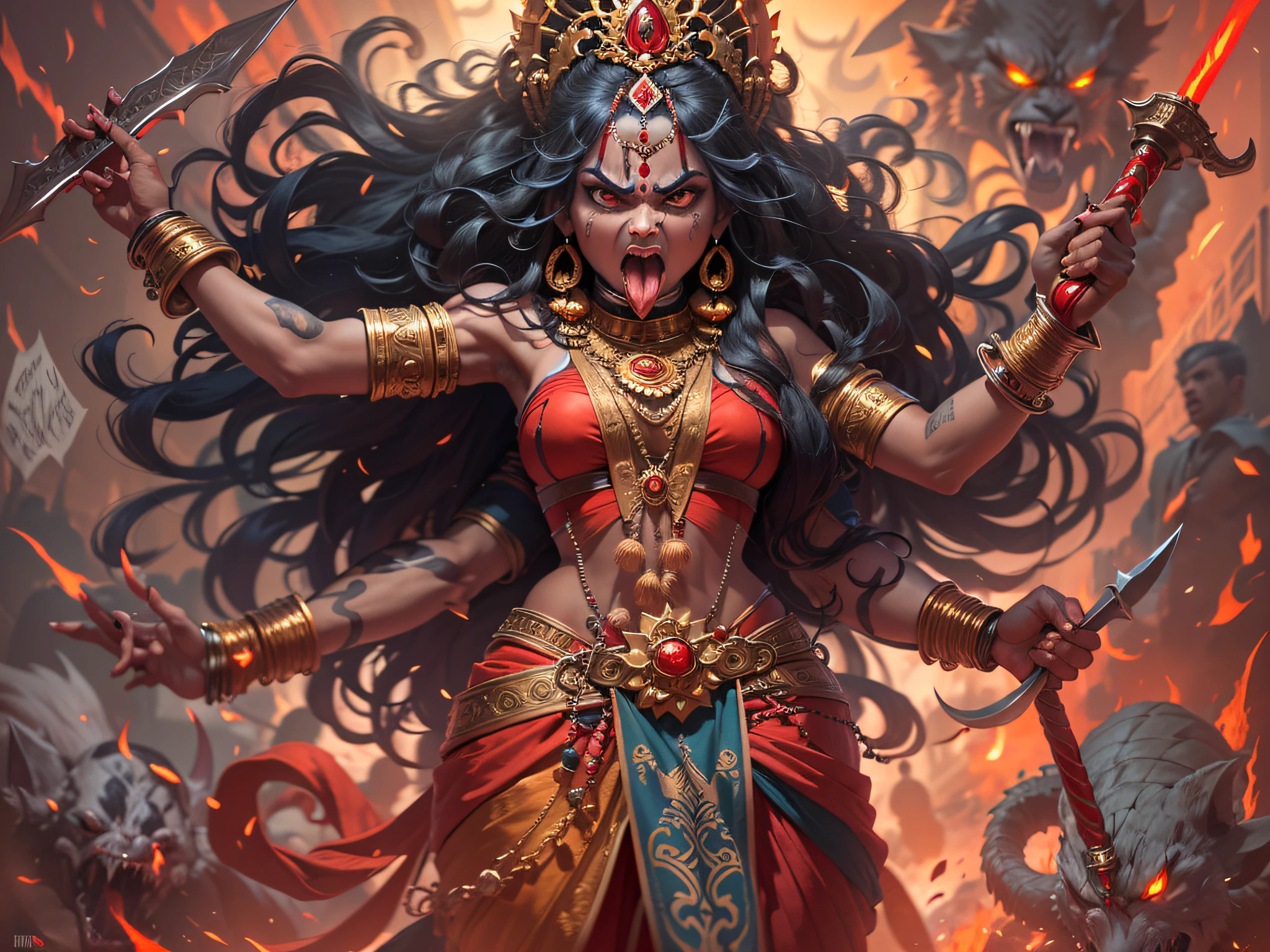 (ferocious, angry:1.1) Indian Goddess Kali, (terrific, furious:1.1) 4 arms, Has two extra arms, (Holding sabres in his hands, Armed with sabers, Swinging Sabers,), (evil, piercing) eyes, (tongue sticking out) tongue, (disheveled, Long) Hair