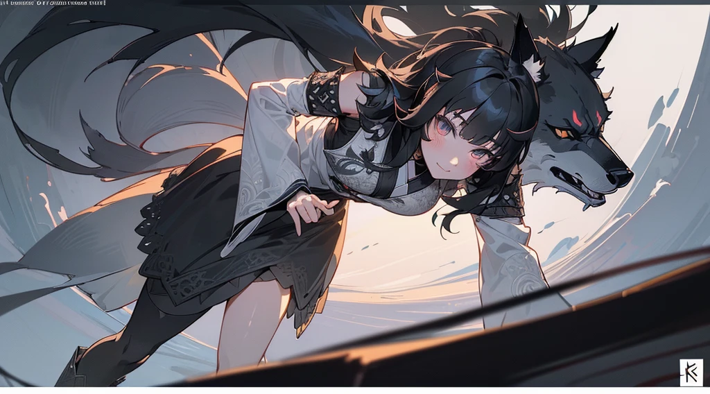 (extremely detailed CG unity 8k wallpaper), (((ultra-detailed))), ((extremely detailed)), (((best illustration))), best illumination, ((extremely delicate and beautiful)), ((an extremely delicate and beautiful girl)), sunset, modern city, ((1 girl, solo)), {{finely detailed beautiful eyes and detailed face}}, smug expression, smile, long hair, (((black hair))), blue eyes, beautiful detailed eyes, slender, medium breast, black white wolf ears, (black white wolf tail), (((intricate details))), (Black long kimono dress), short black boots, (((wolf mark on middle right thigh))), bishoujo, _yeld, ((e a wolf demon))