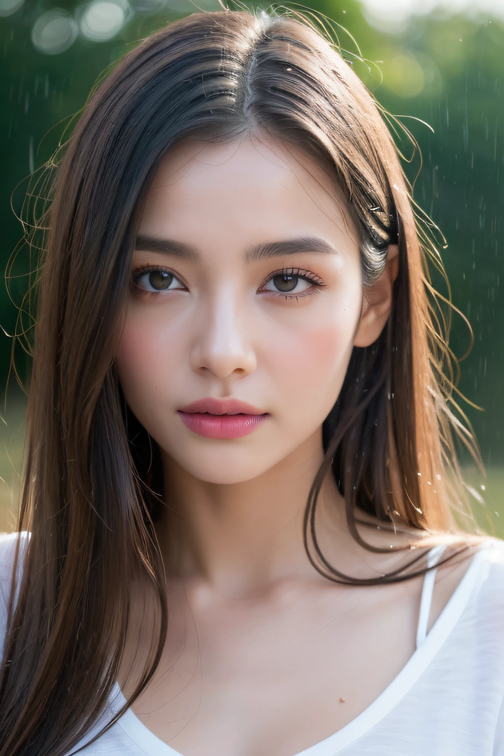 (Best quality, 4k, Masterpiece :1.3), pretty woman, 1girl, sexy :1.1, dark brown hair: 1.1, (rainy wet, wet from rain, wet body :1.2), white tank tops, ultra-detailed face, detailed lips, detailed eyes, double eyelid