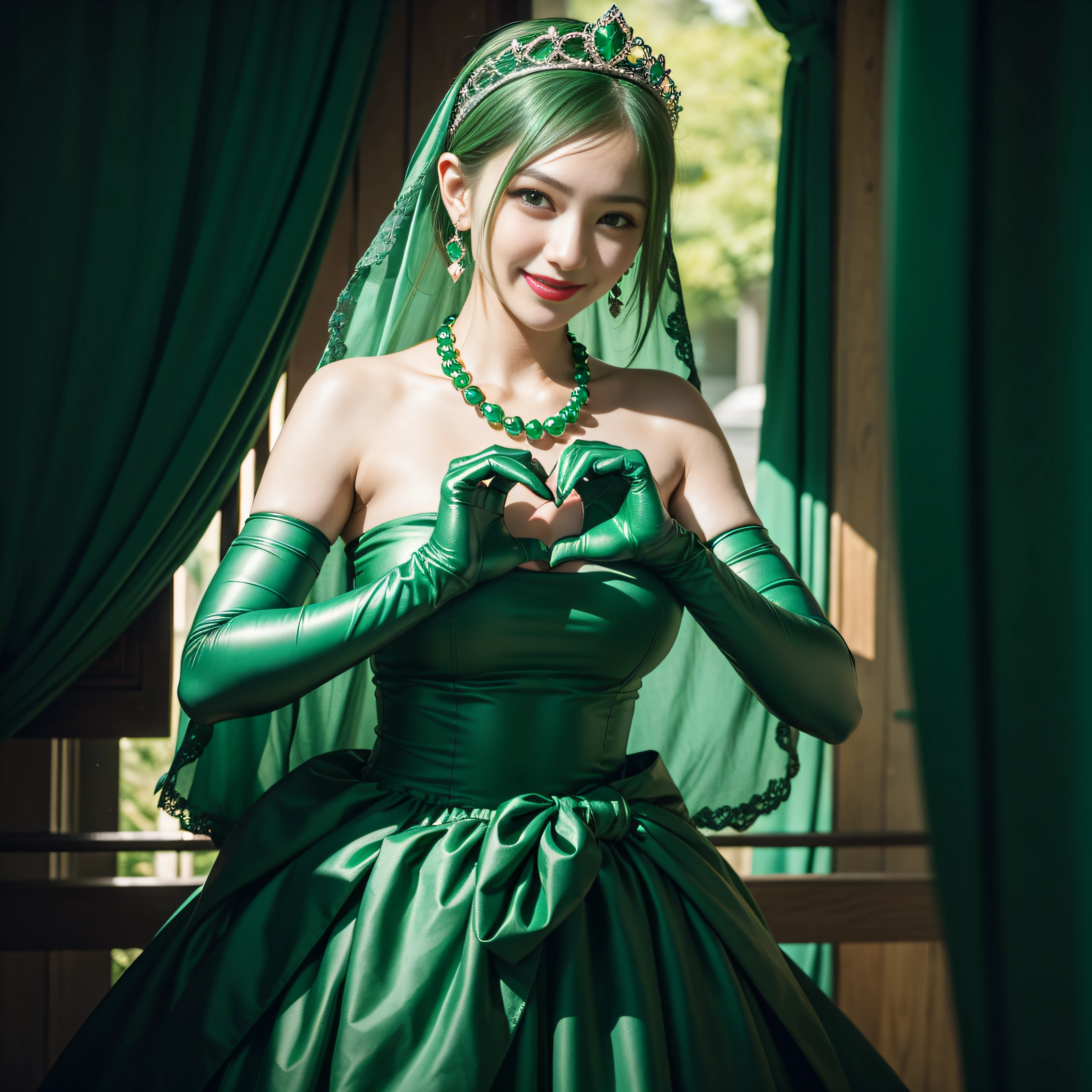 emerald tiara, Green Pearl Necklace, Boyish very short green hair, lipsticks, Japan woman smiling, very short short hair,  big breasts beautiful, Green eyes, Long green gloves made of satin material, Green eyes, Emerald Earrings, green vale, Heart with both hands