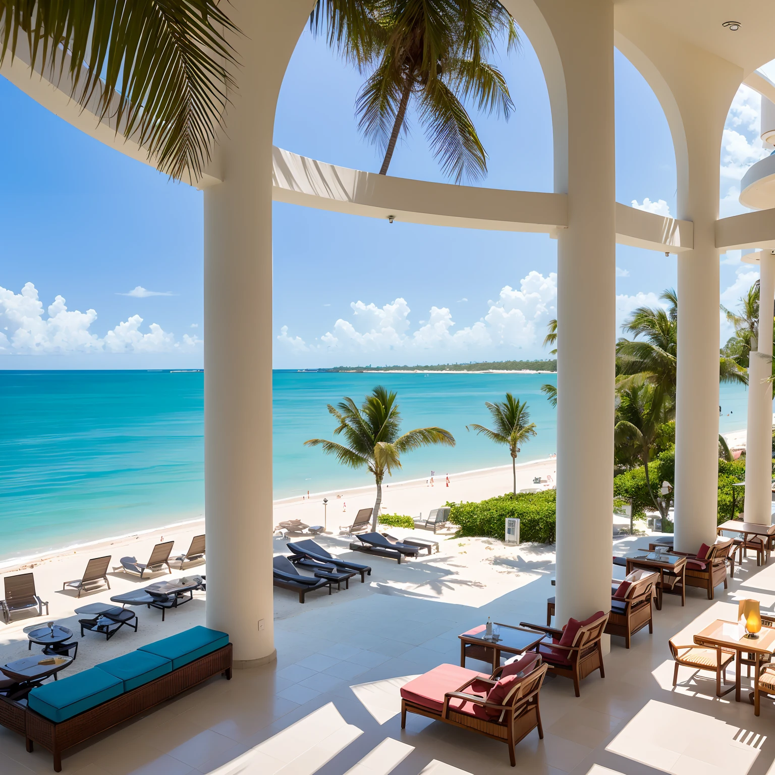 top-quality,hight resolution,8K,masterpiece, masutepiece, Best Quality,Photorealsitic:1.3, unmanned,(resort hotel.crystal clear ocean, View of the hotel's large lobby with white sand beaches and palm trees),