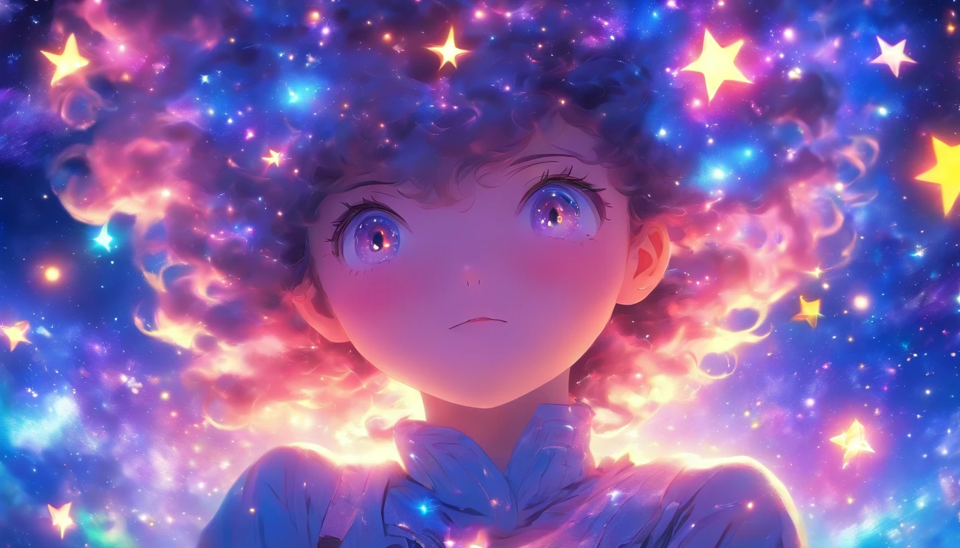 High detail, Super detail, Super high resolution, The girl enjoys her time in the fantasy galaxy, Surrounded by stars, Warm light shines on her, The background is the starry sky with colorful galaxies and galactic clouds, Stars flew around her, Delicate face, Add a playful vibe ,