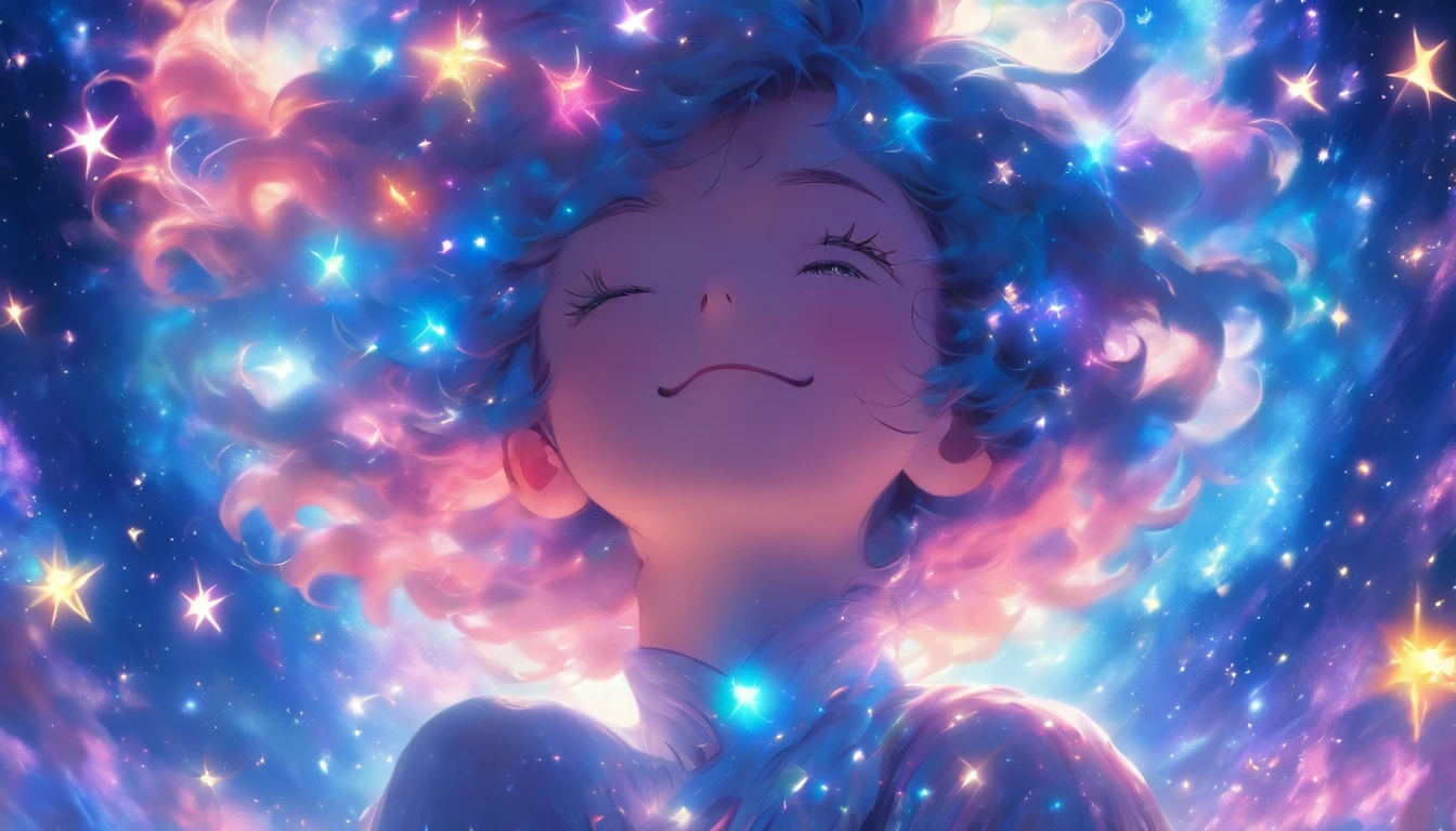 High detail, Super detail, Super high resolution, The girl enjoys her time in the fantasy galaxy, Surrounded by stars, Warm light shines on her, The background is the starry sky with colorful galaxies and galactic clouds, Stars flew around her, Delicate face, Add a playful vibe ,