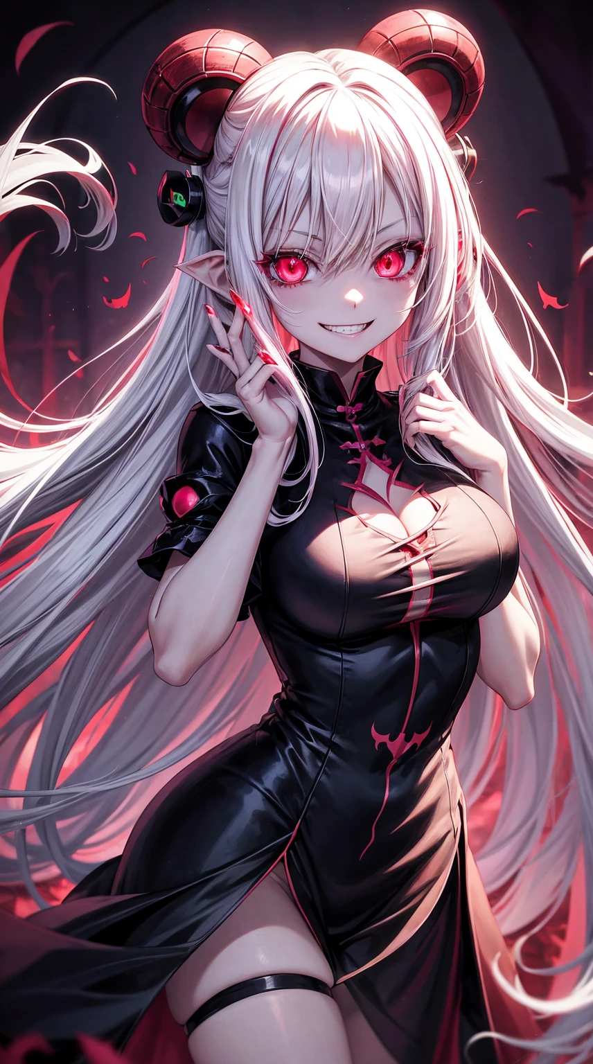 anime girl with pink eyes and long white hair in a dark room, evil smile and glowing eyes, with red glowing eyes, with glowing eyes, with glowing red eyes, [[[[grinning evily]]]], glowing eyes everywhere, malevolent smile, evil grin, evil smile, anime monster girl, demon anime girl, yandere intricate