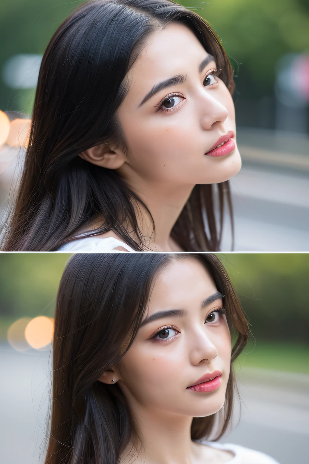 top-quality, ​masterpiece, 超A high resolution, Photorealsitic, Raw foto, ((one beautiful women)), 22year old, Detailed face, beautidful eyes, depth of fields, the city street, Wet in the rain, White T-shirt with V-neck, Wet and see-through t-shirt, small tits, Faint lips, wetting hair, a wet body, water drop on the skin, (See the viewer's eyes)