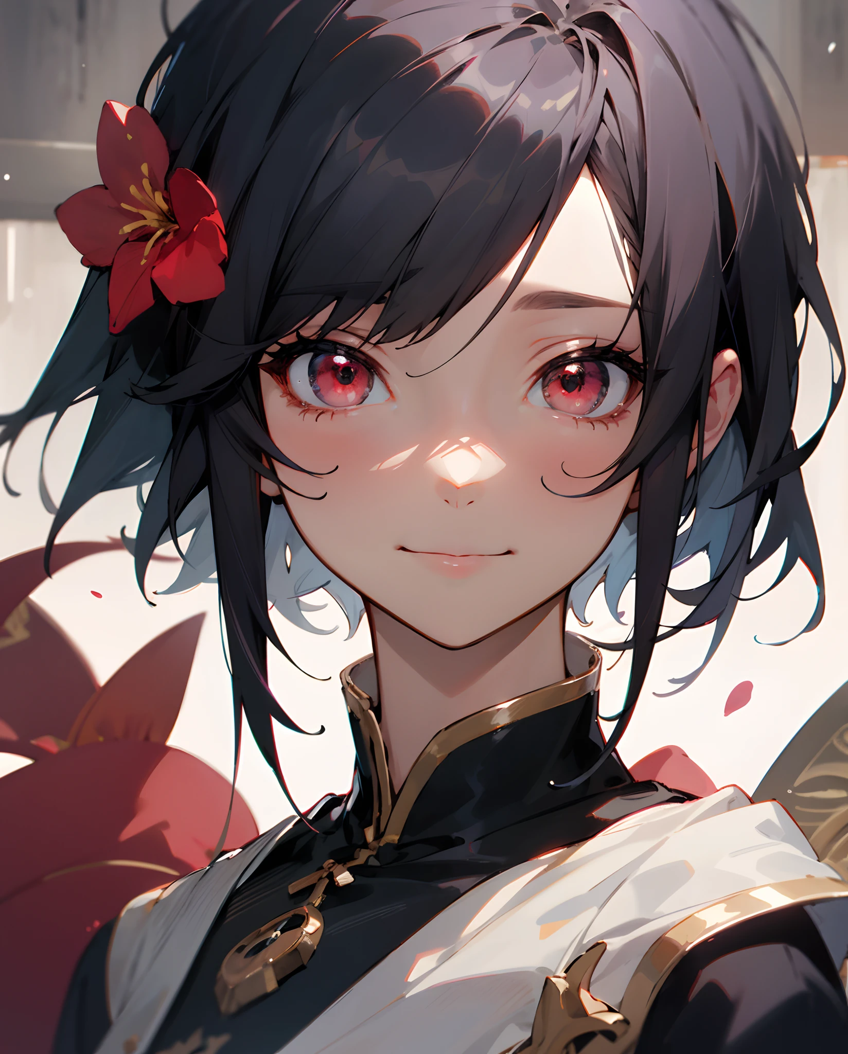 masterpiece、top-quality、超A high resolution、2D Beautiful Girl、animesque、teens girl、Pale black hair、short-haired、Floral hair ornament、Beautiful dark red eyes、The clothes are also depicted in detail、Eyes are depicted in detail、The face is depicted in detail、sorcerer、soio、Sad smile、tears、hair adornments、animesque、illustratio