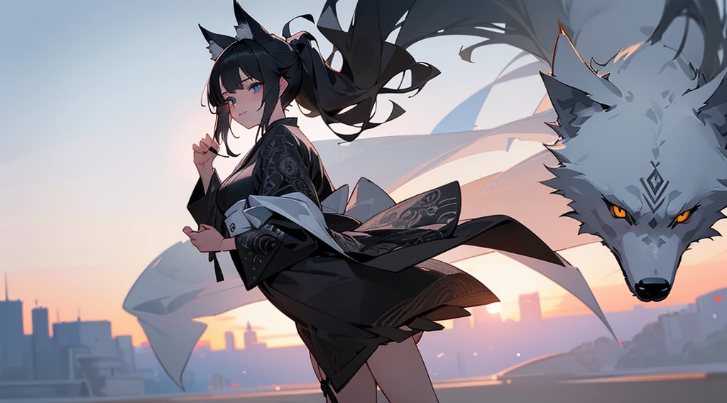 (extremely detailed CG unity 8k wallpaper), (((ultra-detailed))), ((extremely detailed)), (((best illustration))), best illumination, ((extremely delicate and beautiful)), ((an extremely delicate and beautiful girl)), sunset, modern city, ((1 girl, solo)), powerful female, {{finely detailed beautiful eyes and detailed face}}, smug expression, smile, long ponytail, (((black hair))), blue eyes, beautiful detailed eyes, slender, medium breast, black white wolf ears, (black white wolf tail), (((intricate details))), (Black long kimono dress), short black boots, (((wolf mark on middle right thigh))), bishoujo, 16_years_old, ((Ride a wolf demon))