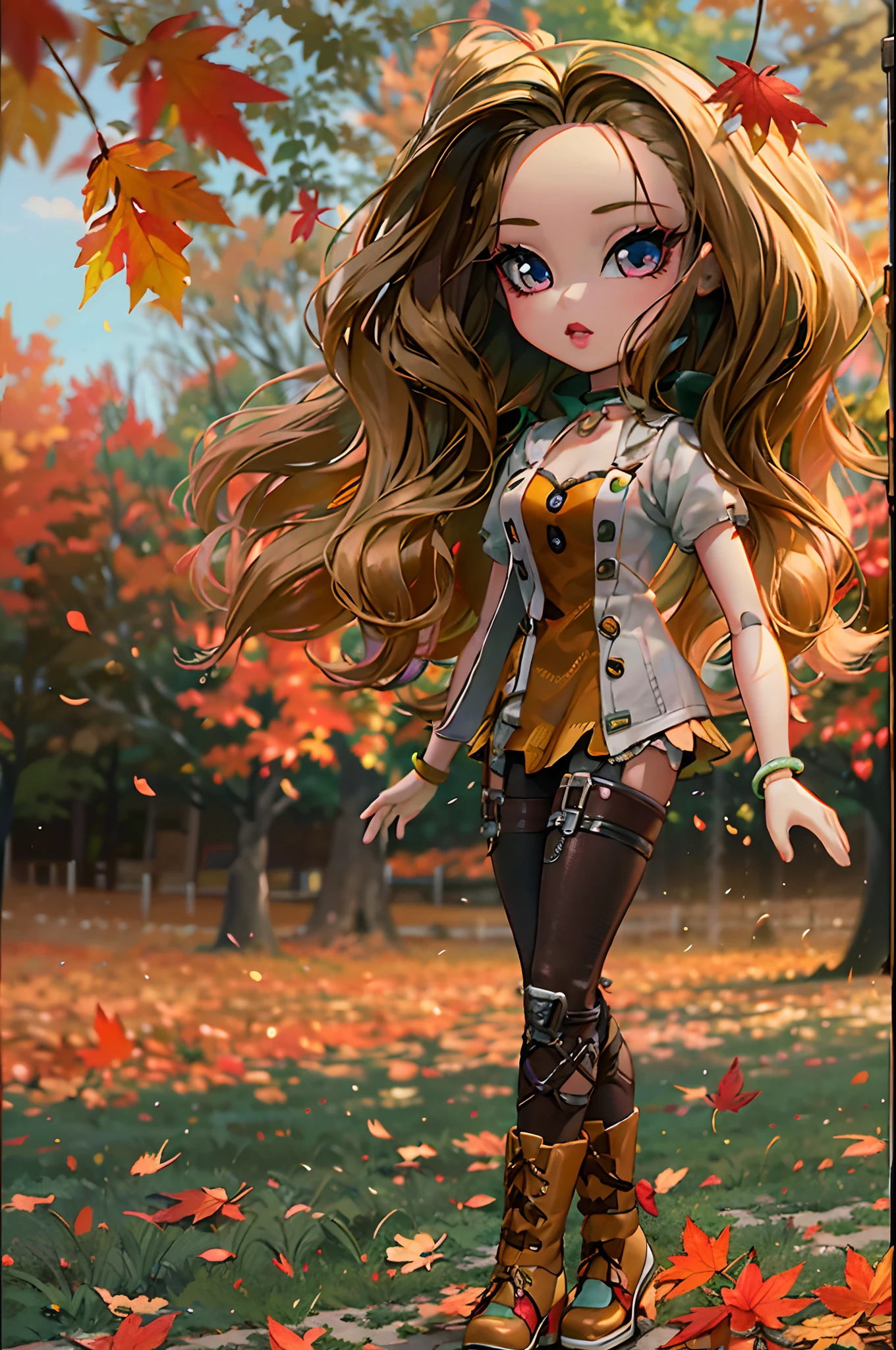 ((BRATZ DOLL)) 1girl, beautiful girl, full body, fall fashion, autumn fashion, ((location: Chicopee, Massachusetts)), cinematic style, cinematic lighting, perfect anatomy, perfect physics, falling leaves.