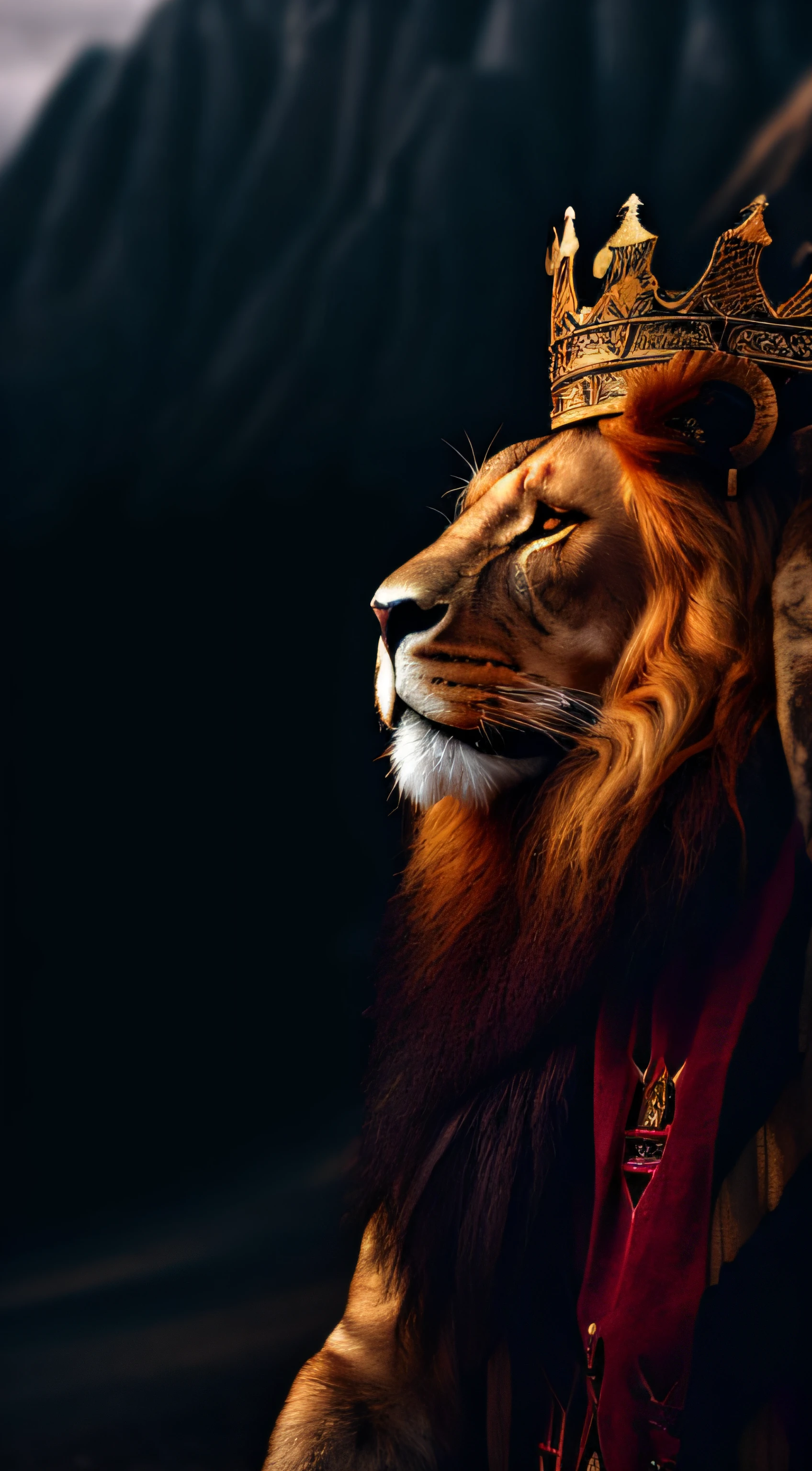 Lion roaring and  wearing king crowns and king dress customs, in very angry mood, kingdom background, scary sunny background. candid picture, by Max Dauthendey