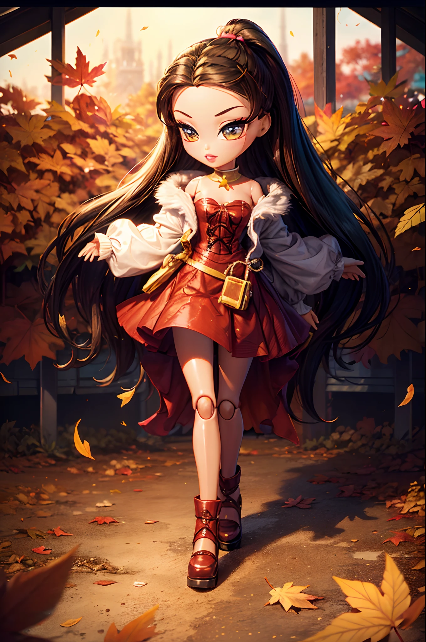 ((BRATZ DOLL)) 1girl, beautiful girl, full body, fall fashion, autumn fashion, ((location: Chicopee, Massachusetts)), cinematic style, cinematic lighting, perfect anatomy, perfect physics, falling leaves.