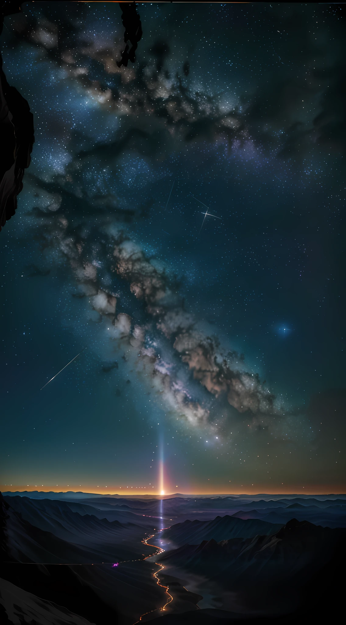 (best quality,4k,8k,highres,masterpiece:1.2),ultra-detailed,(realistic, photorealistic), anime girl with long hair standing at the bottom looking up, starry night sky, galactic beauty, infinite expanse, dreamlike spectacle, shining stars, mesmerizing scene, celestial glow, luminous constellations, ethereal ambiance, awe-inspiring view, cosmic vastness, colorful nebulae, fantasy landscape, enchanting universe, splendid celestial display, vibrant hues, darkened silhouette of galaxies, stunning astral panorama, majestic celestial canopy.