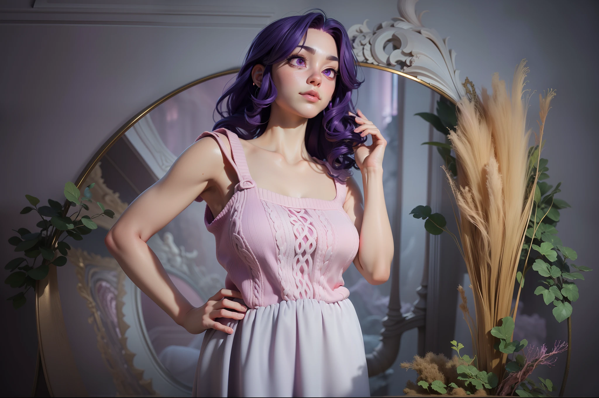 3dmm style,(masterpiece, top quality, best quality, official art, beautiful and aesthetic:1.2), (fractal art:1.3), 1girl, beautiful, high detailed, purple hair with a hint of pink, pink eyes, dark lighting, serious face, looking the sky, sky, medium shot, black sweater, jewelry