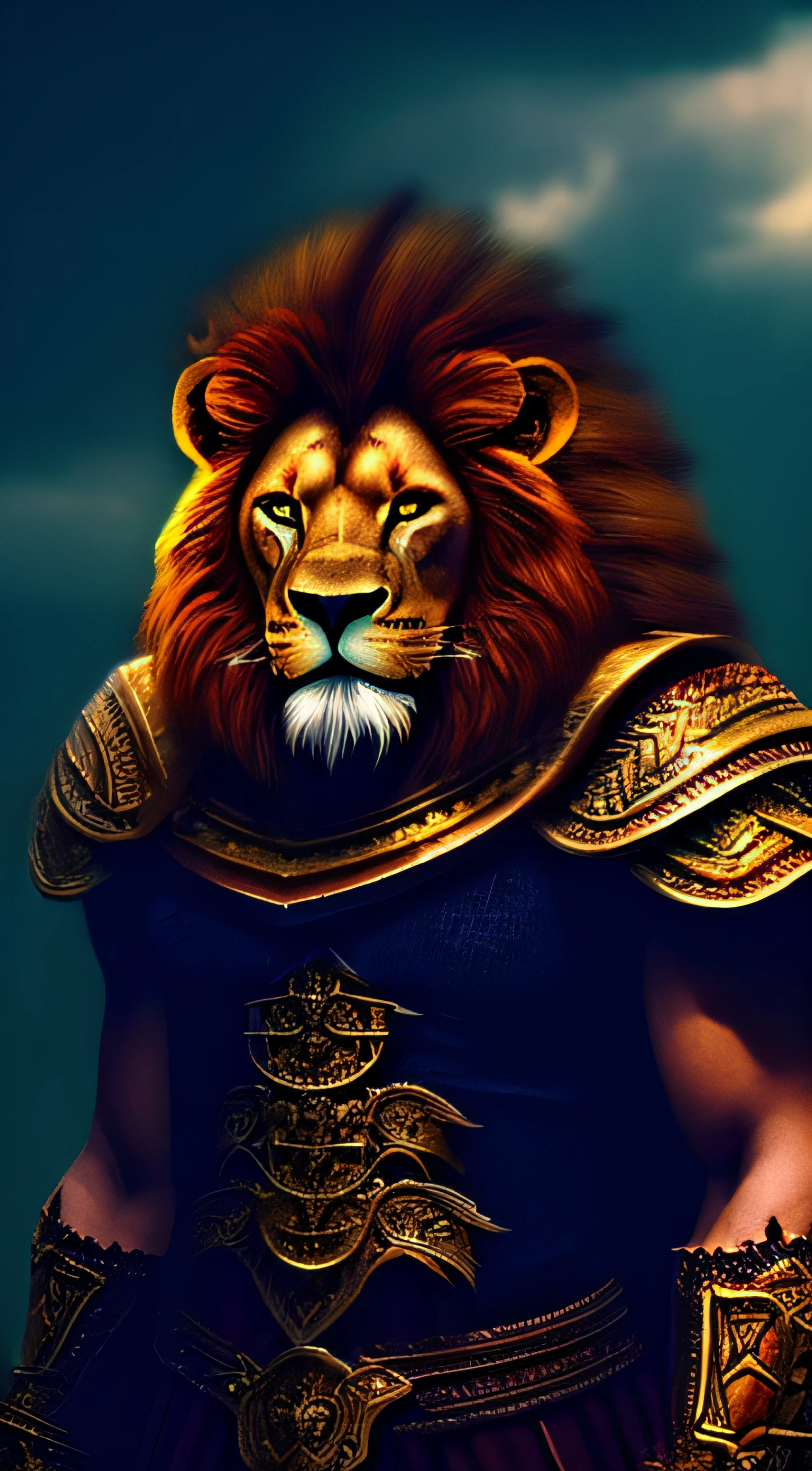 Half body Lion roaring and  wearing king crowns and king dress customs, in very angry mood, kingdom background, brighter background. candid picture, by Max Dauthendey, ((( epic hero custom)))