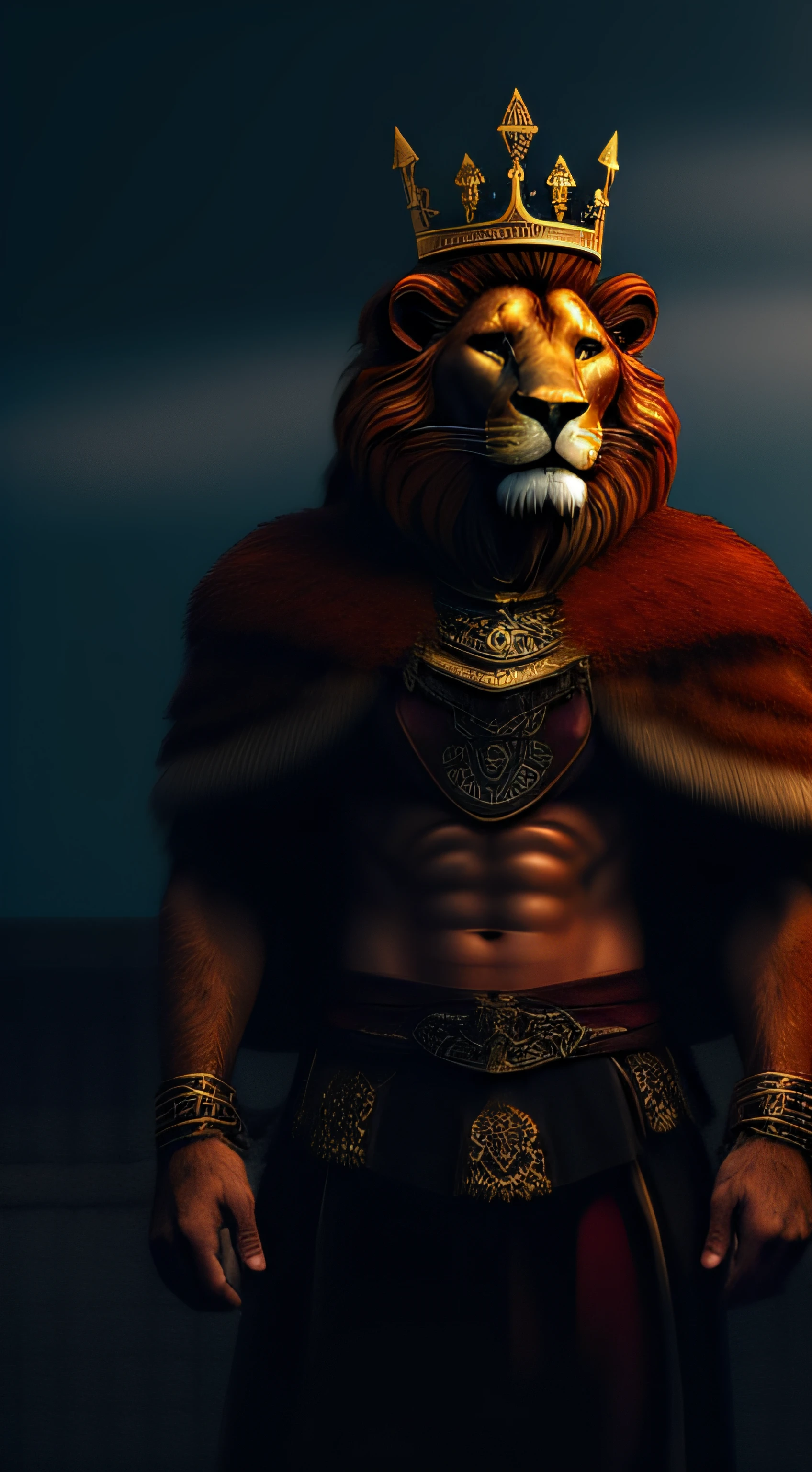 Half body Lion roaring and  wearing king crowns and king dress customs, in very angry mood, kingdom background, brighter background. candid picture, by Max Dauthendey, ((( epic hero custom)))