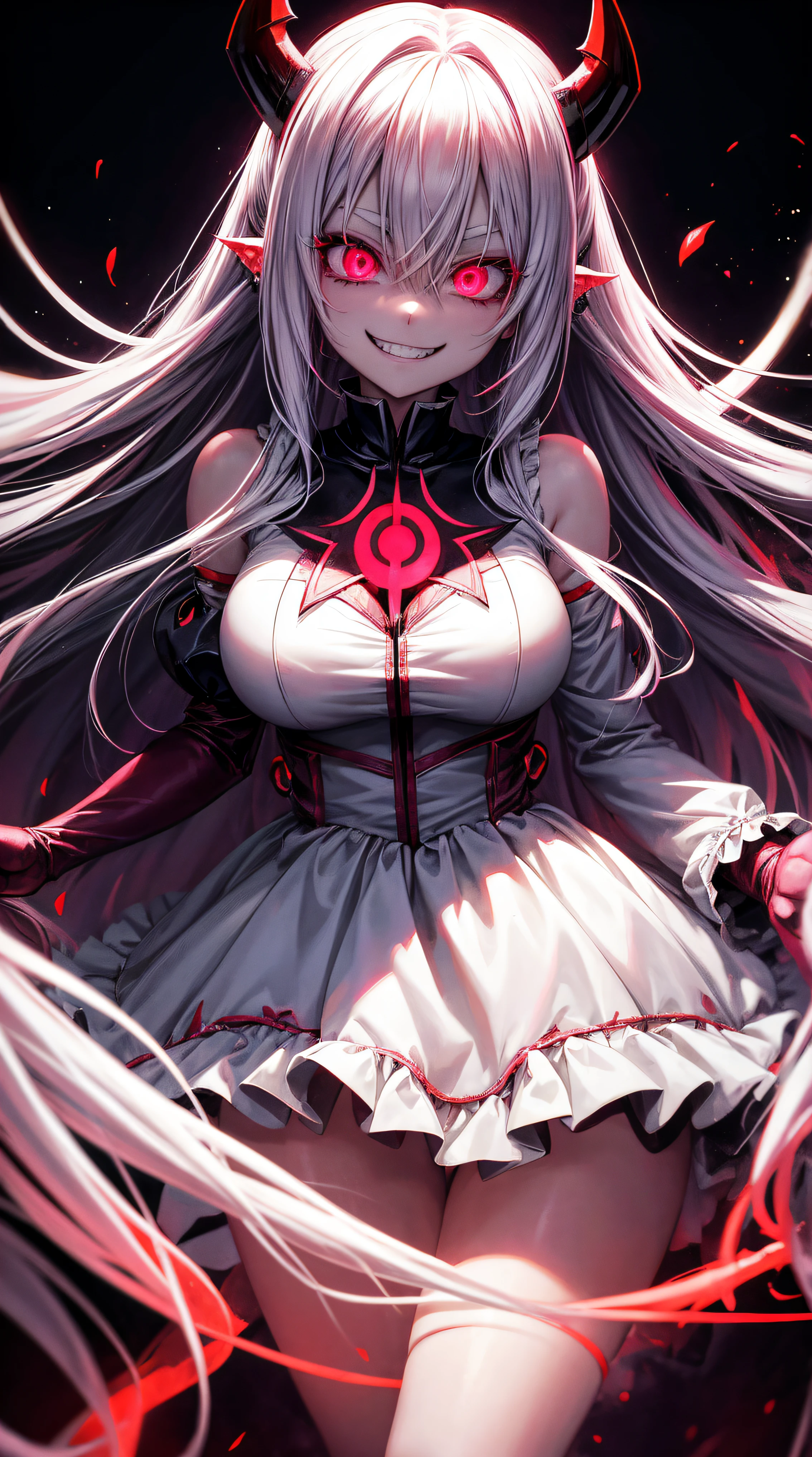 anime girl with pink eyes and long white hair in a dark room, evil smile and glowing eyes, with red glowing eyes, with glowing eyes, with glowing red eyes, [[[[grinning evily]]]], glowing eyes everywhere, malevolent smile, evil grin, evil smile, anime monster girl, demon anime girl, yandere intricate