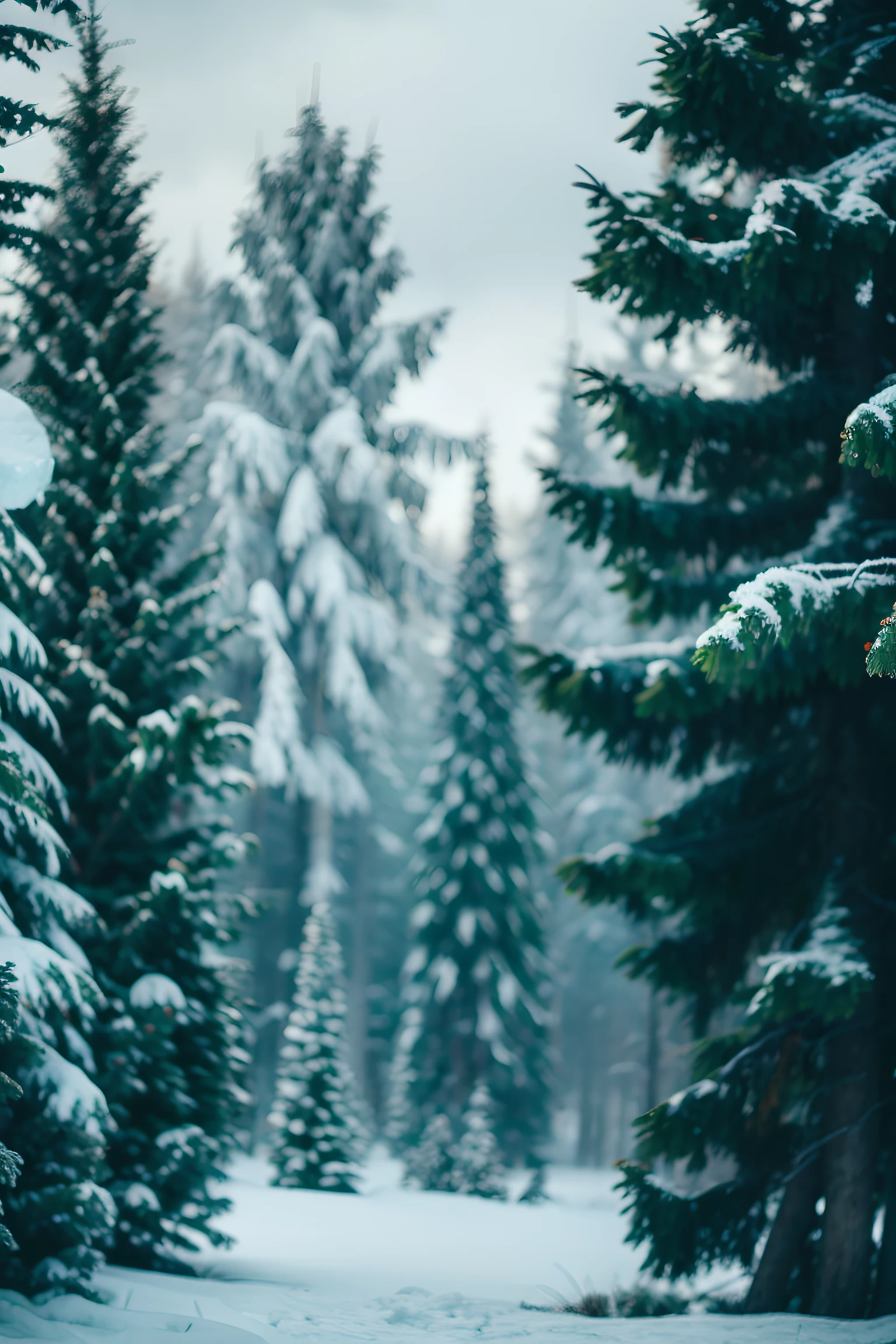 1 scene, Cold, winter day, Rime, Crystal clear, Ice crystals, Light, Green trees, Leaves, branches, tree trunks, Frost, Decoration, Winter colors, Background, Tranquility, silence, environment, sound, A sense of mystery, A sense of tranquility, Nature, Beautiful scenery