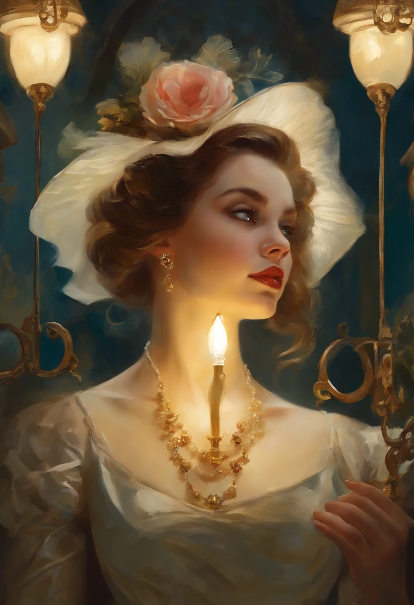Artwork by Jean-Gabriel Domergue, a cute girl, Digital art, an ultra hd detailed painting, Jean-Baptiste Monge style, Bright, Beautiful, Splash, glimmering, cute cute, filigree, rim lit, lamp lights, extremely, magic, Surreal, fantasy, Digital art, Phlegm sputum, phlegm, Artgerm and James Jean