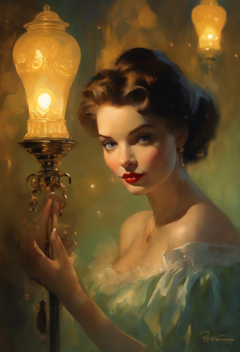 Artwork by Jean-Gabriel Domergue, a cute  girl, Digital art, an ultra hd detailed painting, Jean-Baptiste Monge style, Bright, Beautiful, Splash, glimmering, cute cute, filigree, rim lit, lamp lights, extremely, magic, Surreal, fantasy, Digital art, Phlegm sputum, phlegm, Artgerm and James Jean