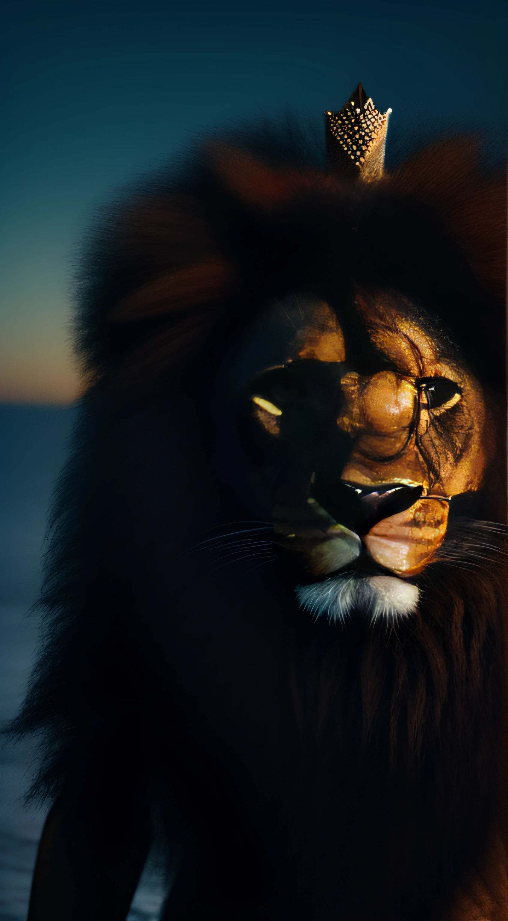 Half body Lion roaring and wearing king crowns and king dress customs, in very angry mood, kingdom background, brighter background. candid picture, by Max Dauthendey, ((( small crown on head)))