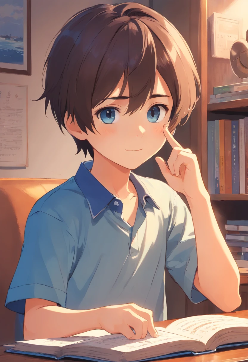 Cute  boy in a short-sleeved blue shirt finger book explained