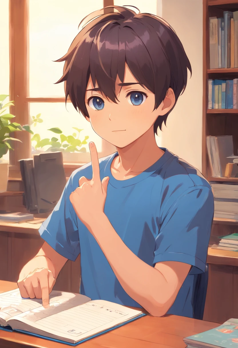 Cute boy in a short-sleeved blue shirt finger book explained