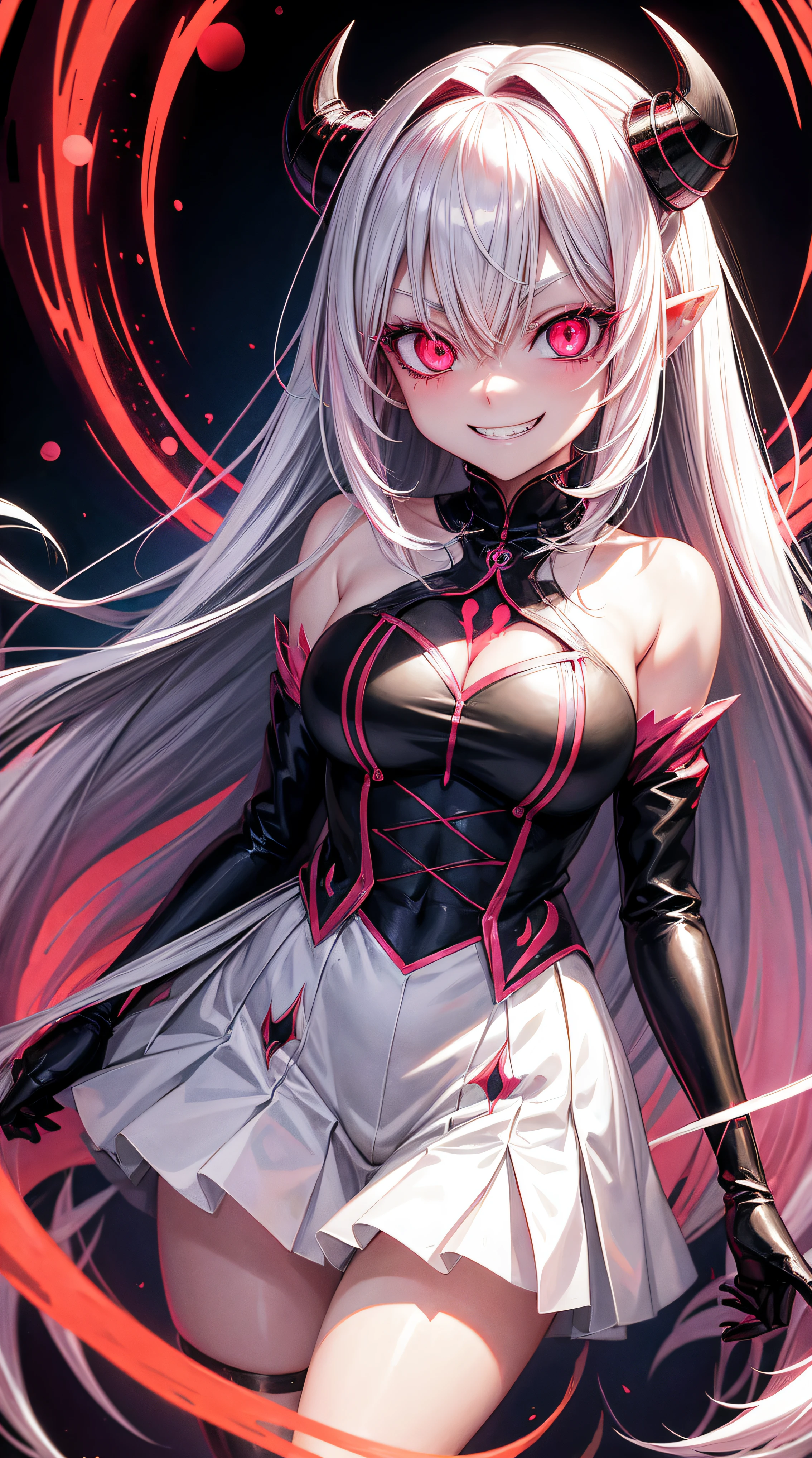 anime girl with pink eyes and long white hair in a dark room, evil smile and glowing eyes, with red glowing eyes, with glowing eyes, with glowing red eyes, [[[[grinning evily]]]], glowing eyes everywhere, malevolent smile, evil grin, evil smile, anime monster girl, demon anime girl, yandere intricate