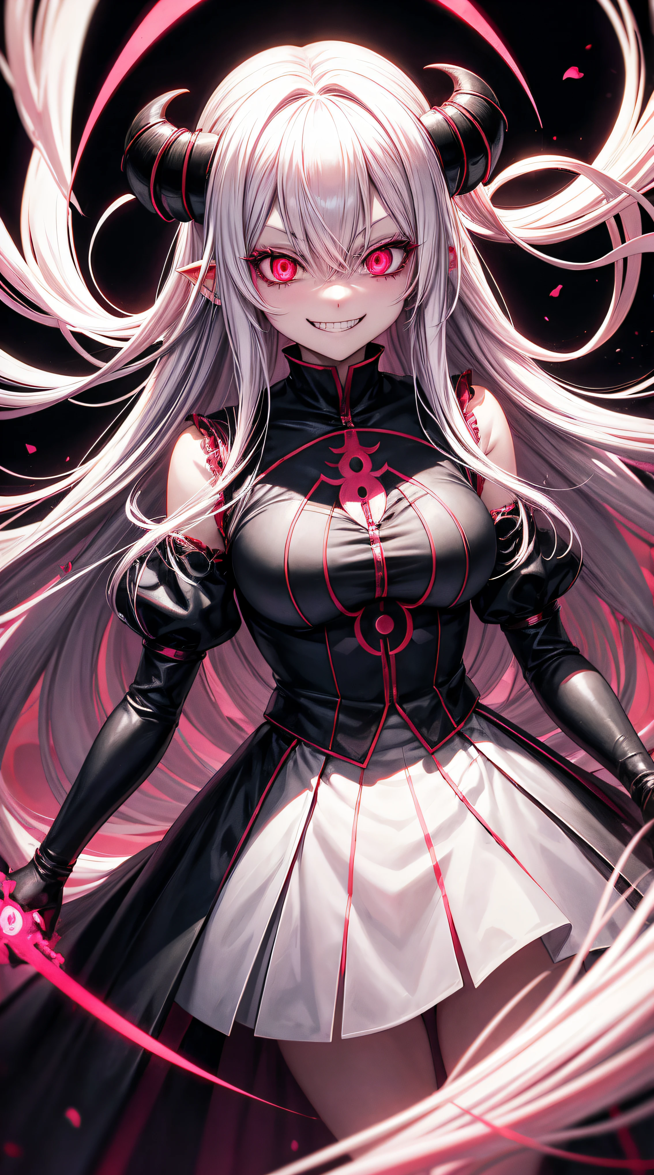 anime girl with pink eyes and long white hair in a dark room, evil smile and glowing eyes, with red glowing eyes, with glowing eyes, with glowing red eyes, [[[[grinning evily]]]], glowing eyes everywhere, malevolent smile, evil grin, evil smile, anime monster girl, demon anime girl, yandere intricate